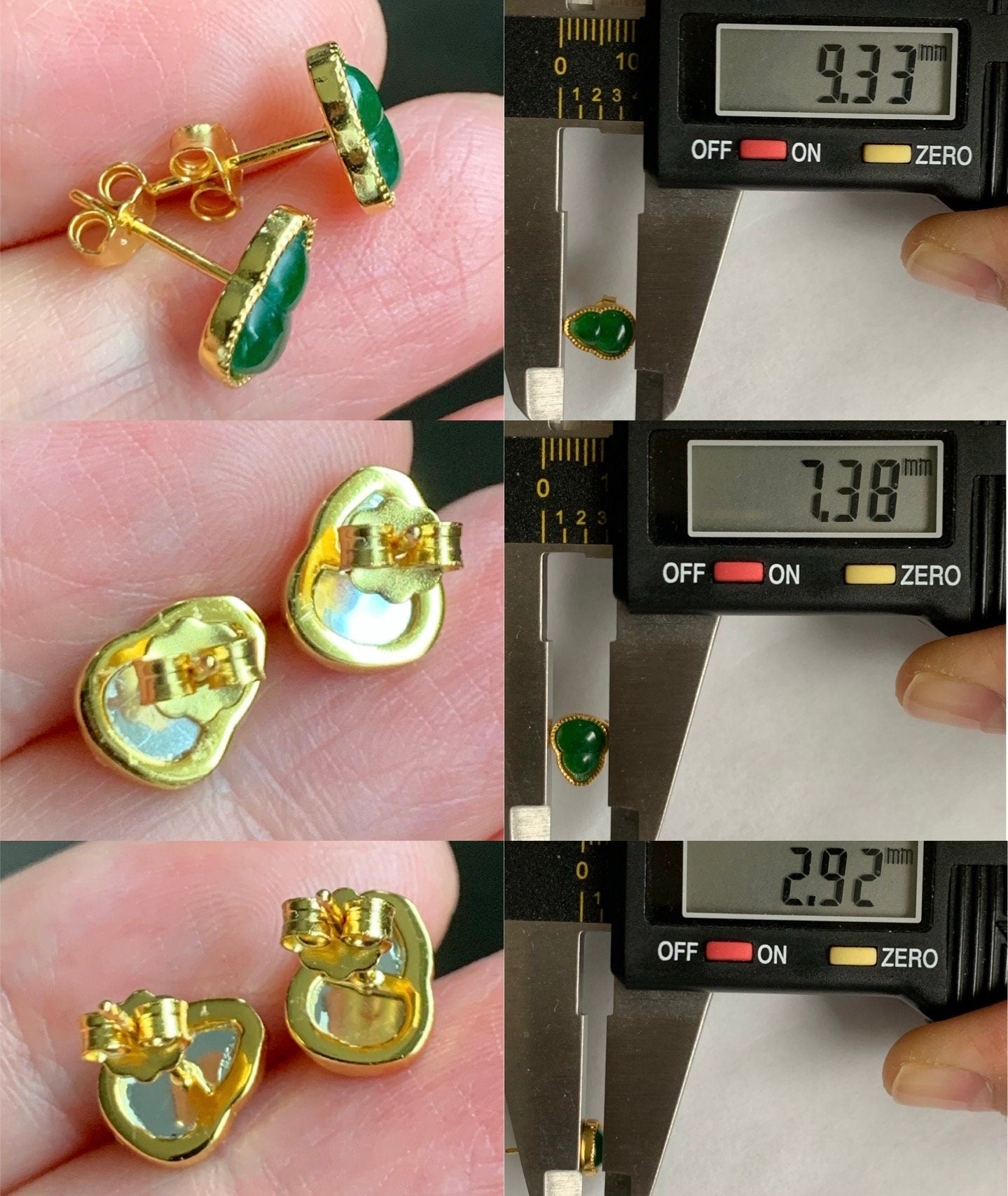 Natural Guatemalan Icy Translucent Green Jadeite Gourd Hulu Stud Earrings S925 Sterling Silver Yellow Gold Overlay 天然冰危绿翡翠葫芦银镶耳钉 A