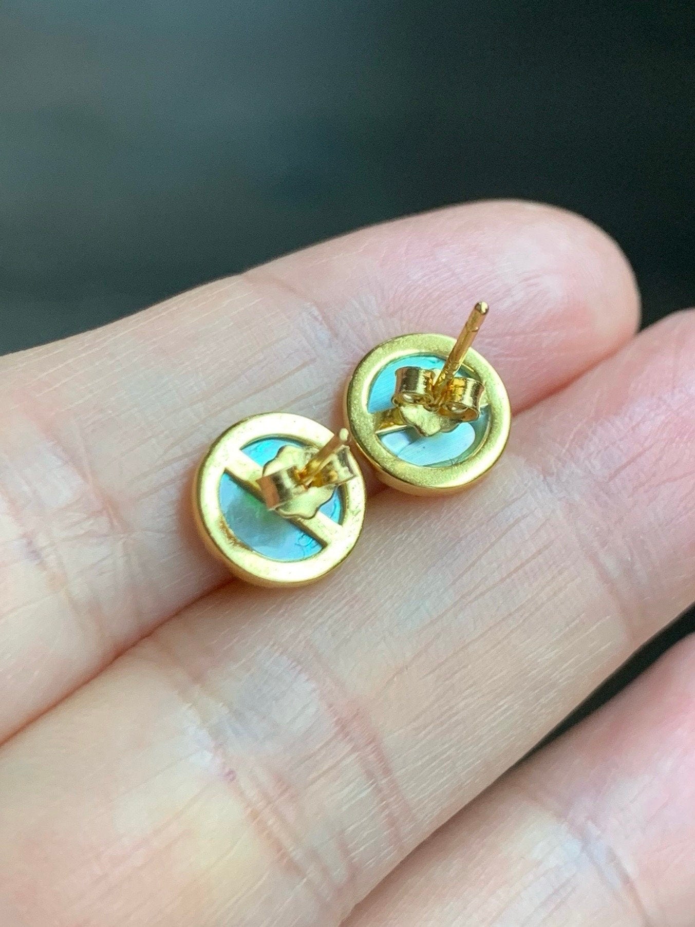 Natural Burmese Icy Translucent Vibrant Green Jadeite Coin Disc Stud Earrings S925 Sterling Silver Yellow Gold Overlay 天然缅甸花青翡翠银镶耳钉