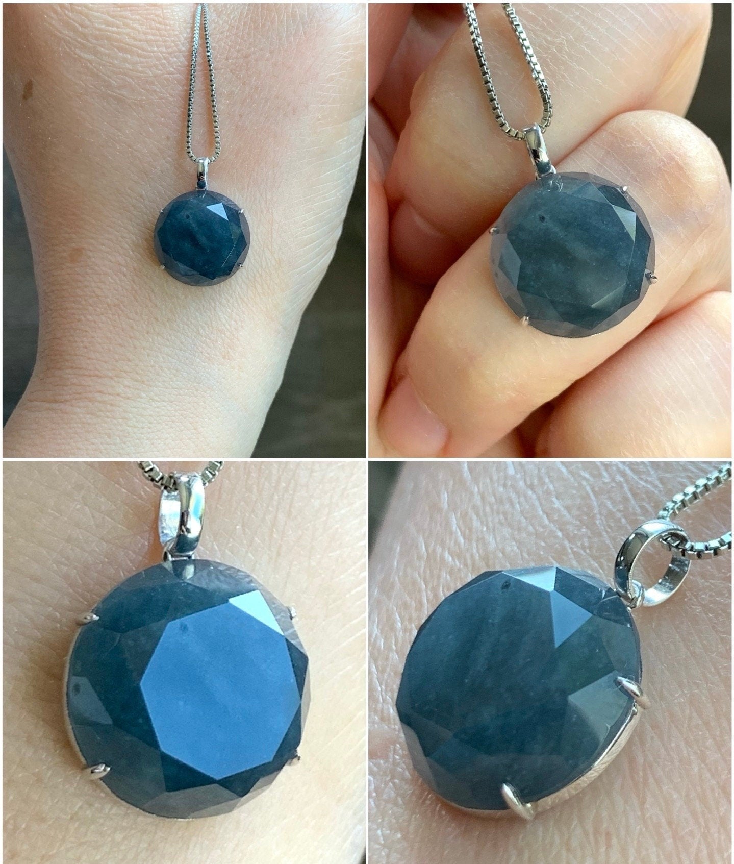 Certified Natural Guatemalan Icy Translucent Dark Blue Wuji Faceted Round Jadeite Pendant 18K White Gold 2.85g 天然冰危蓝乌鸡翡翠切割面蛋面镶嵌吊坠 1446