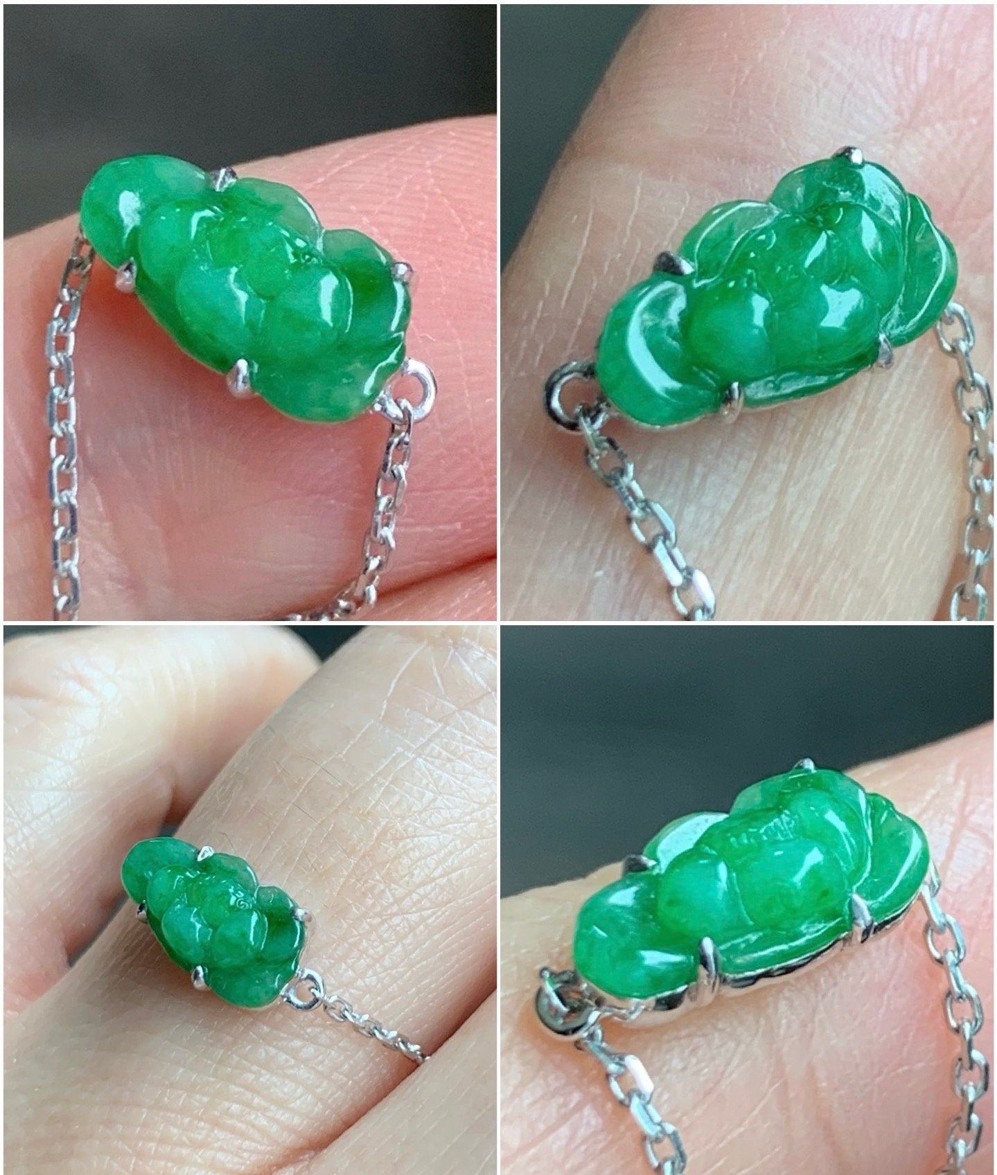 Certified Natural Burmese Icy Translucent Vibrant Green Jadeite Carved Lotus Flower Chain Ring 18K White Gold Adjustable 天然缅甸冰阳绿翡翠荷花镶嵌戒指