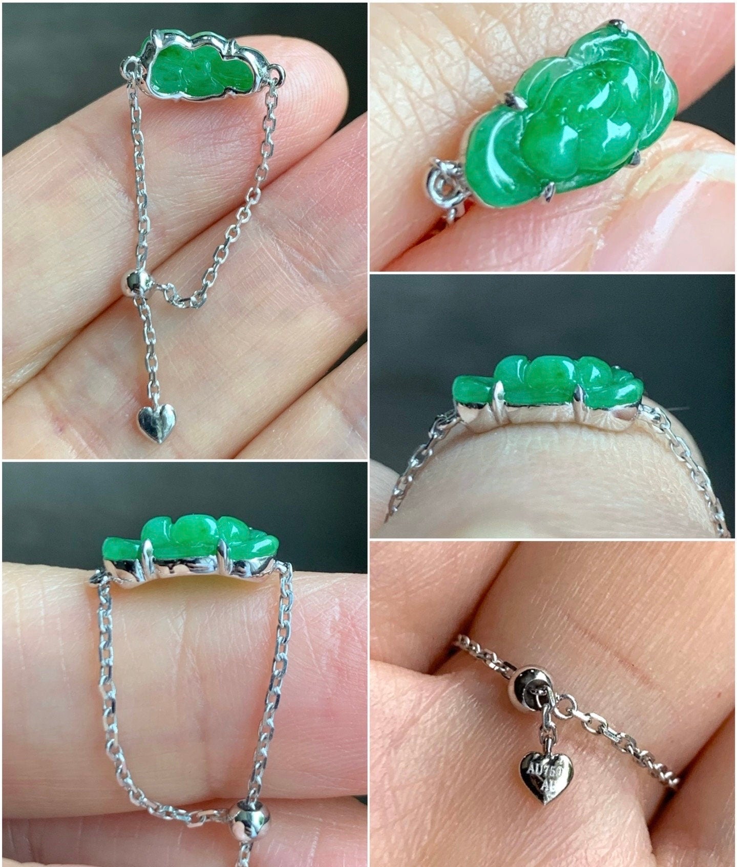 Certified Natural Burmese Icy Translucent Vibrant Green Jadeite Carved Lotus Flower Chain Ring 18K White Gold Adjustable 天然缅甸冰阳绿翡翠荷花镶嵌戒指