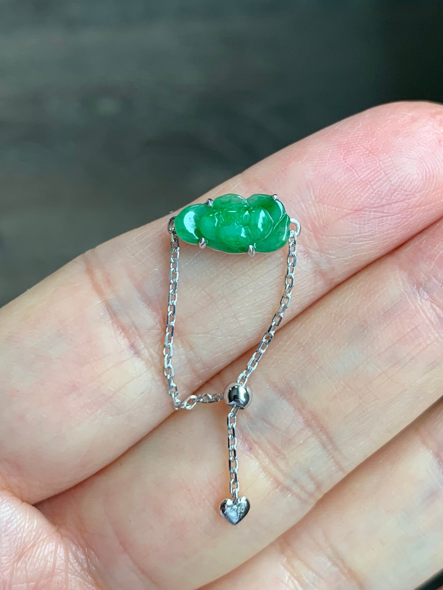 Certified Natural Burmese Icy Translucent Vibrant Green Jadeite Carved Lotus Flower Chain Ring 18K White Gold Adjustable 天然缅甸冰阳绿翡翠荷花镶嵌戒指