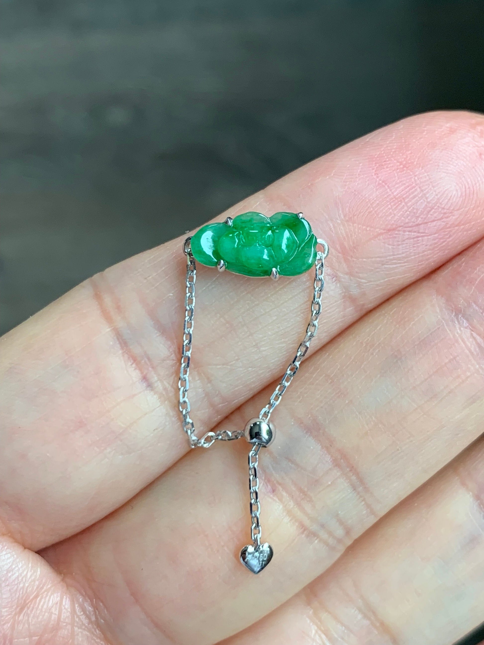 Certified Natural Burmese Icy Translucent Vibrant Green Jadeite Carved Lotus Flower Chain Ring 18K White Gold Adjustable 天然缅甸冰阳绿翡翠荷花镶嵌戒指