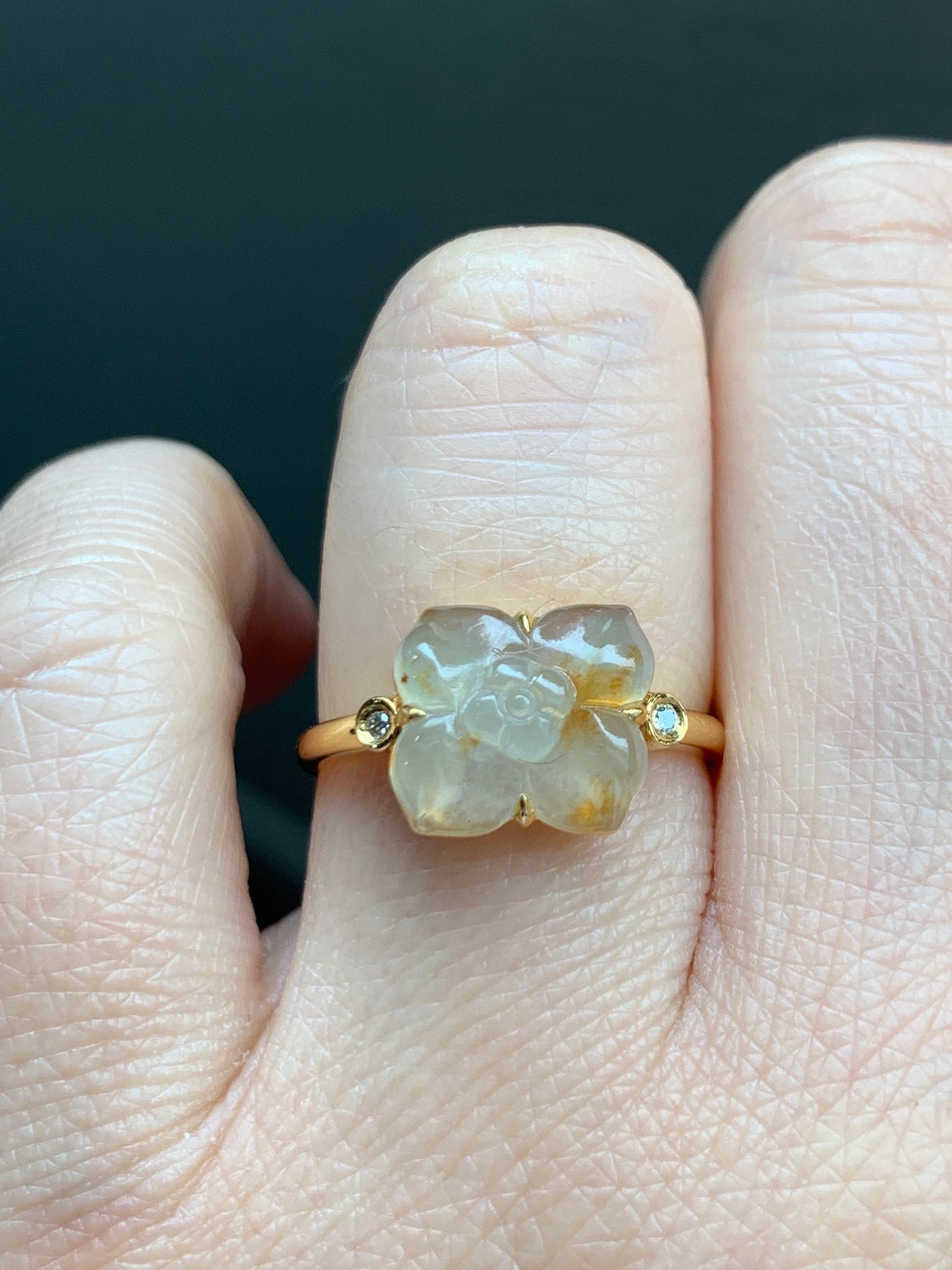 Certified Natural Burmese Icy Highly Translucent Light Yellow Cognac Marbled Jadeite Flower Ring 18K Yellow Gold Sz 7.25 天然缅甸冰糖黄撒金翡翠钻石镶嵌戒指