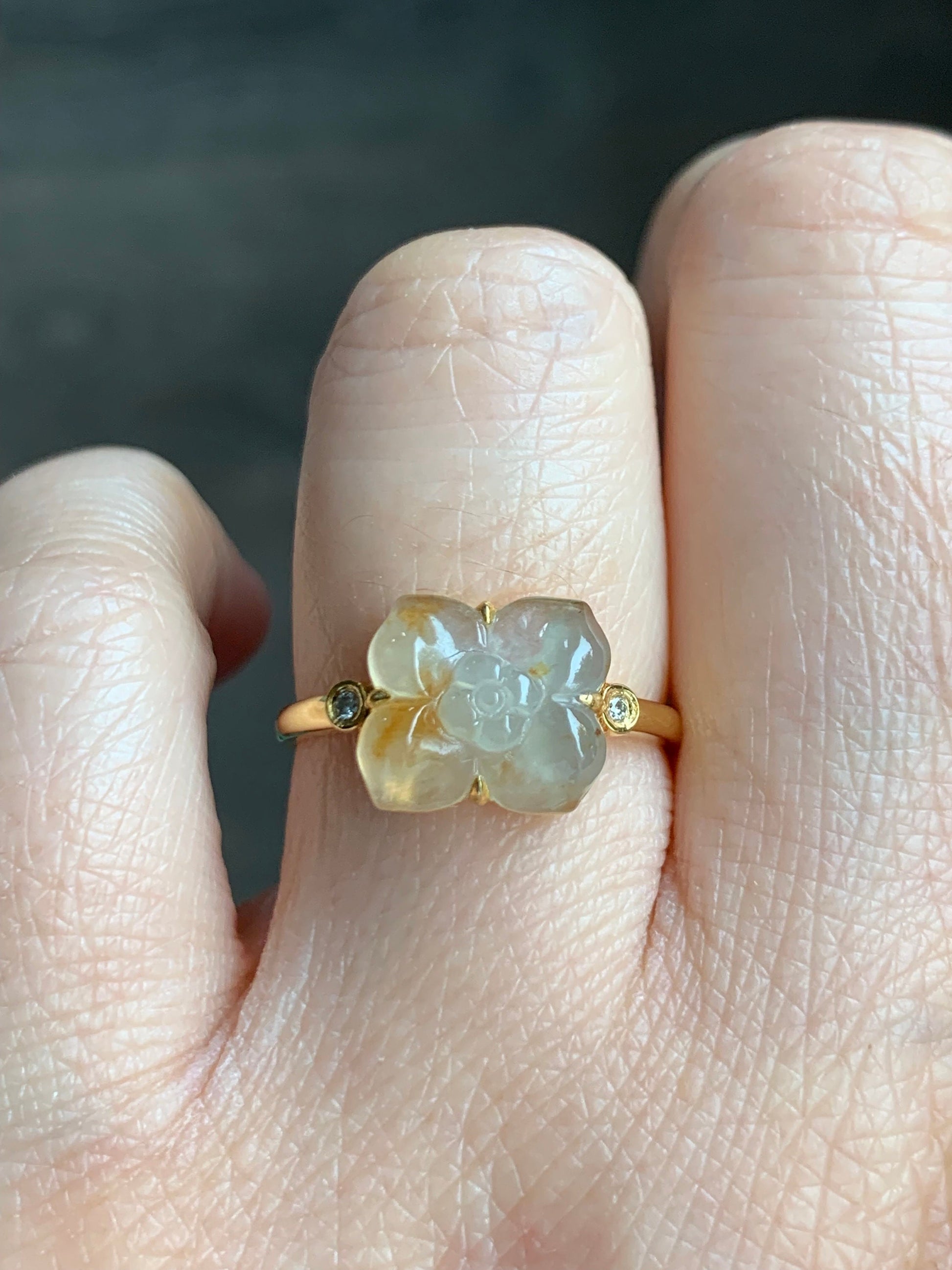 Certified Natural Burmese Icy Highly Translucent Light Yellow Cognac Marbled Jadeite Flower Ring 18K Yellow Gold Sz 7.25 天然缅甸冰糖黄撒金翡翠钻石镶嵌戒指