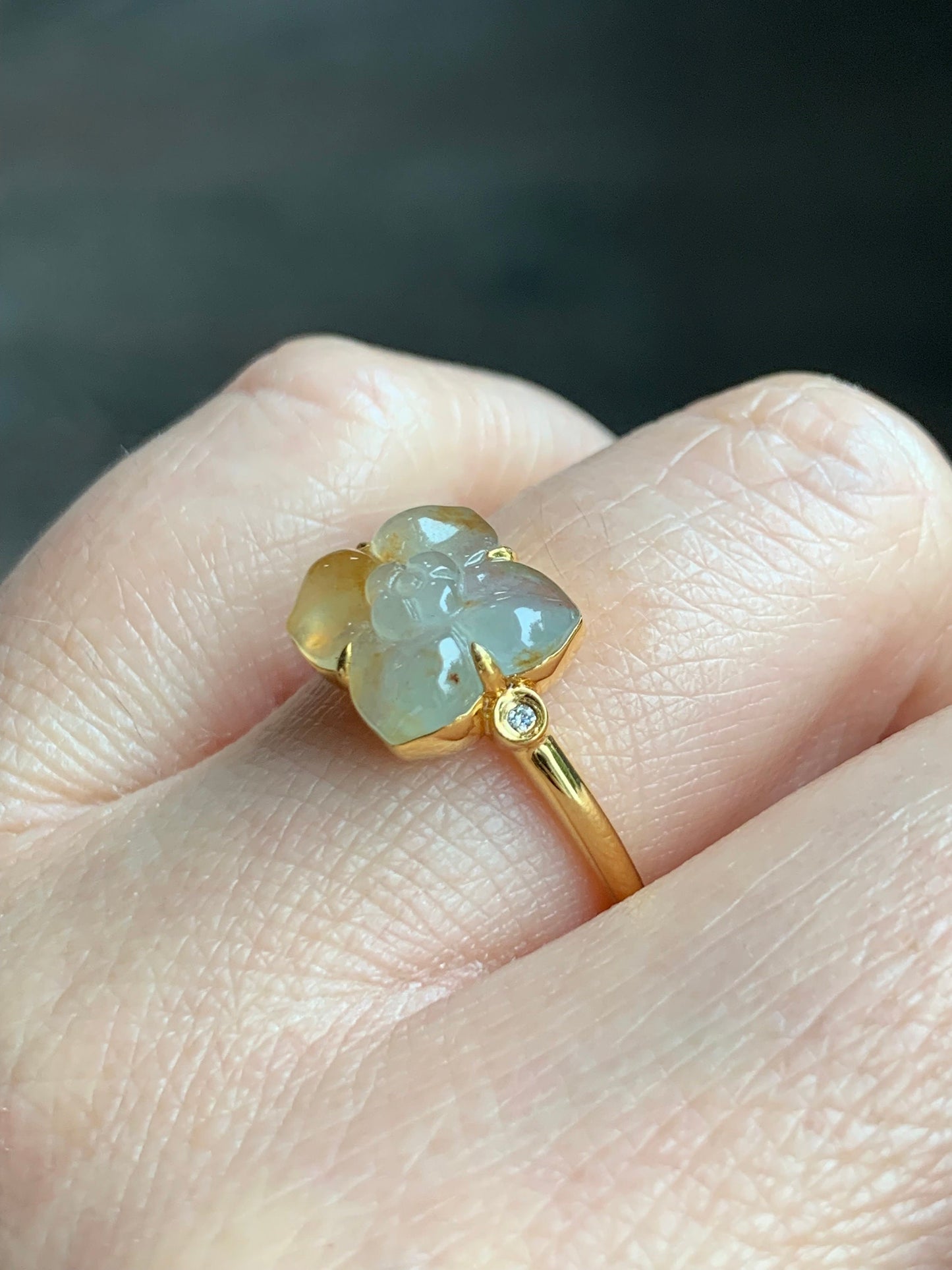 Certified Natural Burmese Icy Highly Translucent Light Yellow Cognac Marbled Jadeite Flower Ring 18K Yellow Gold Sz 7.25 天然缅甸冰糖黄撒金翡翠钻石镶嵌戒指