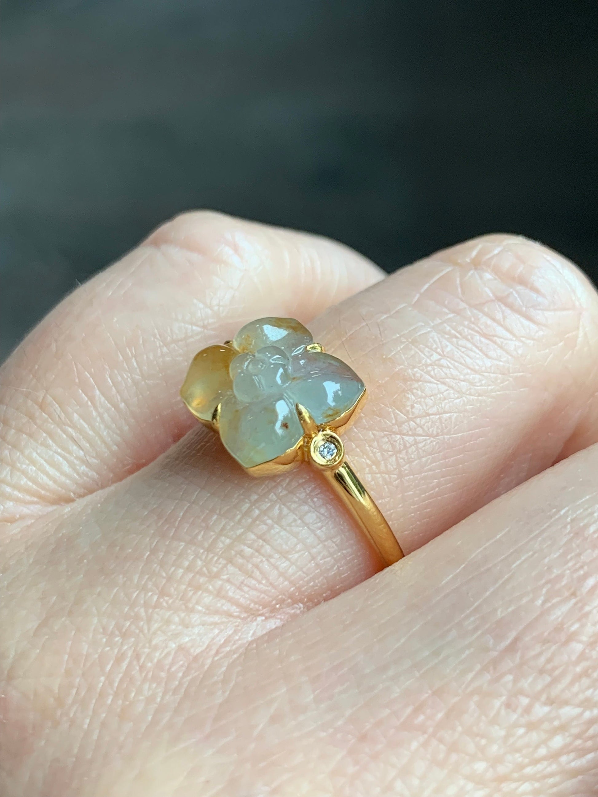 Certified Natural Burmese Icy Highly Translucent Light Yellow Cognac Marbled Jadeite Flower Ring 18K Yellow Gold Sz 7.25 天然缅甸冰糖黄撒金翡翠钻石镶嵌戒指