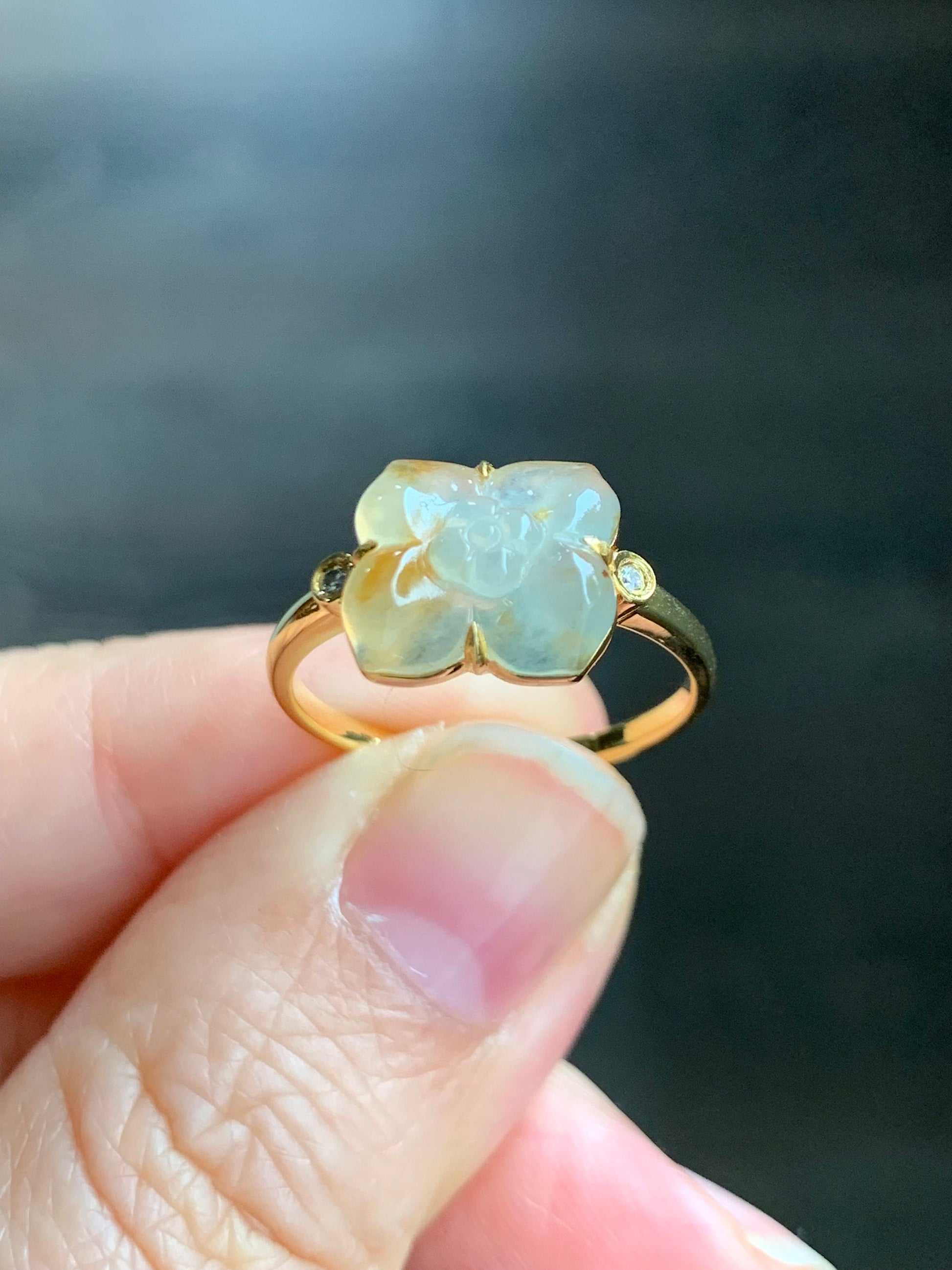 Certified Natural Burmese Icy Highly Translucent Light Yellow Cognac Marbled Jadeite Flower Ring 18K Yellow Gold Sz 7.25 天然缅甸冰糖黄撒金翡翠钻石镶嵌戒指