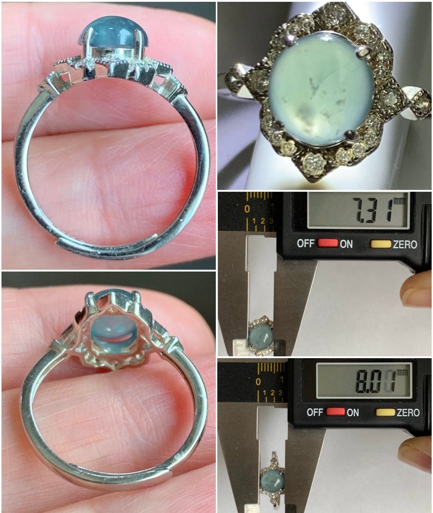 Natural Guatemalan Icy Highly Translucent Light Blue Jadeite Oval Solitaire Ring Sterling Silver Size 7 Adjustable 天然冰危淡蓝翡翠蛋面银镶戒指 WLH70