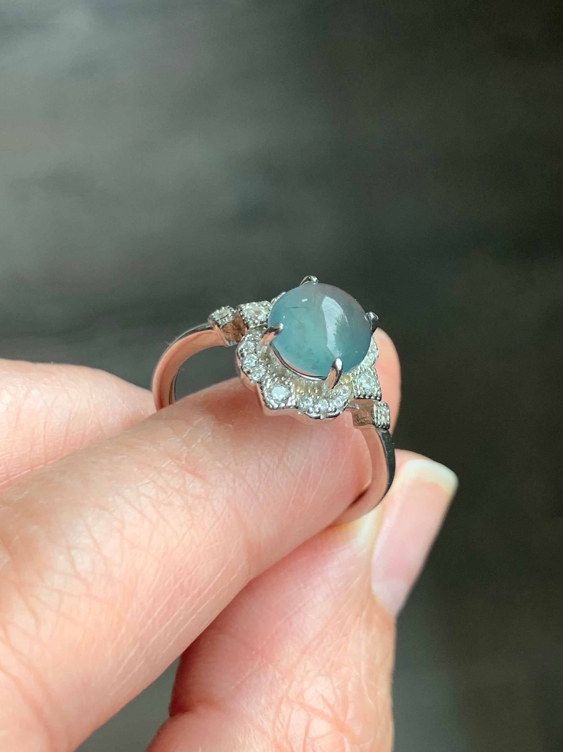 Natural Guatemalan Icy Highly Translucent Light Blue Jadeite Oval Solitaire Ring Sterling Silver Size 7 Adjustable 天然冰危淡蓝翡翠蛋面银镶戒指 WLH70