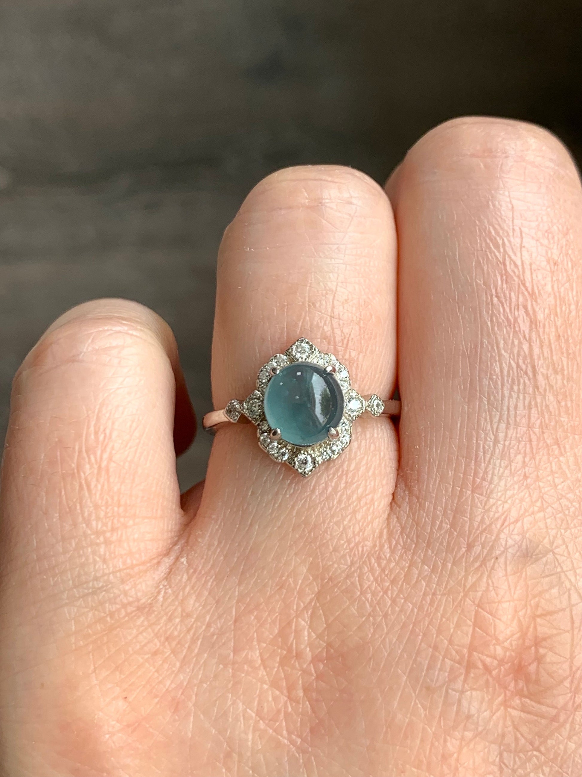 Natural Guatemalan Icy Highly Translucent Light Blue Jadeite Oval Solitaire Ring Sterling Silver Size 7 Adjustable 天然冰危淡蓝翡翠蛋面银镶戒指 WLH70