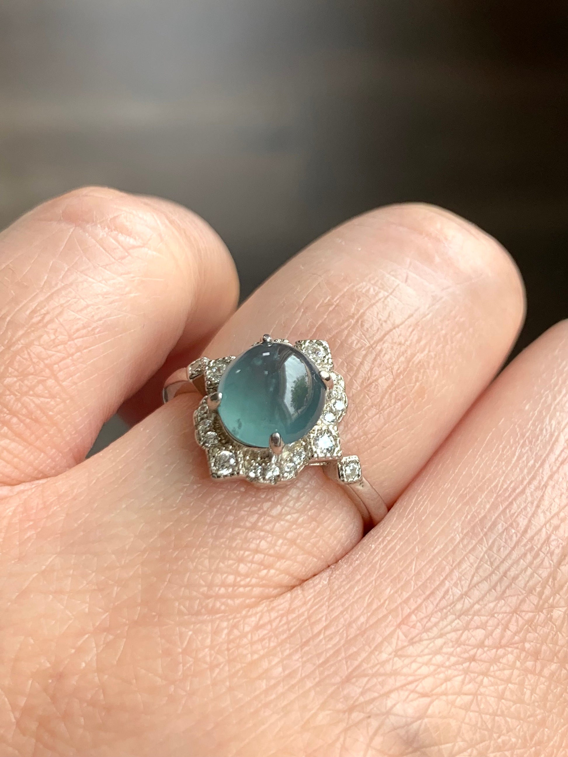 Natural Guatemalan Icy Highly Translucent Light Blue Jadeite Oval Solitaire Ring Sterling Silver Size 7 Adjustable 天然冰危淡蓝翡翠蛋面银镶戒指 WLH70