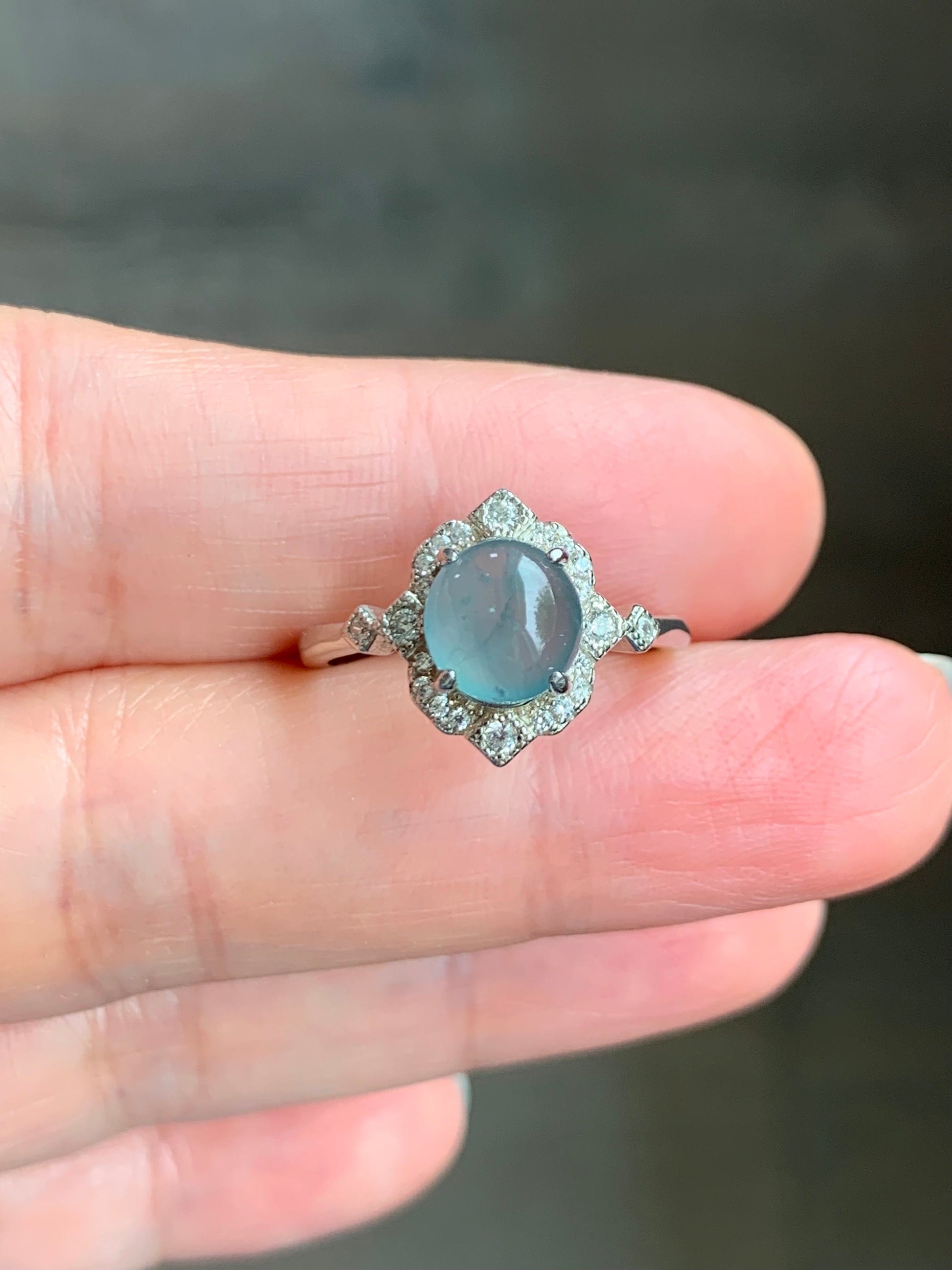 Natural Guatemalan Icy Highly Translucent Light Blue Jadeite Oval Solitaire Ring Sterling Silver Size 7 Adjustable 天然冰危淡蓝翡翠蛋面银镶戒指 WLH70