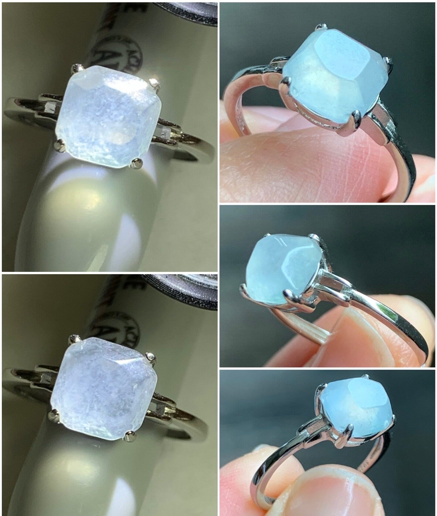 Stunning Natural Burmese Garde A Icy White Highly Translucent Faceted Jadeite Ring S925 Sterling Silver Adjustable 天然缅甸正白冰切割面翡翠银镶戒指 MBQ78
