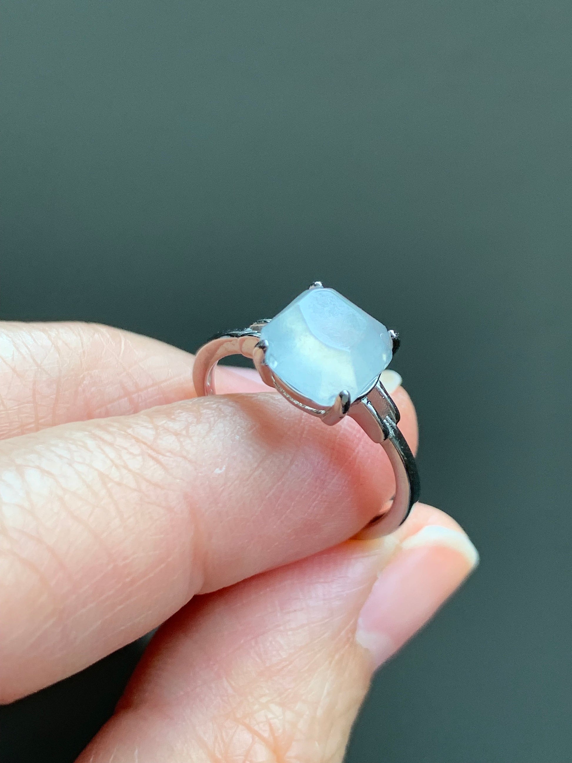 Stunning Natural Burmese Garde A Icy White Highly Translucent Faceted Jadeite Ring S925 Sterling Silver Adjustable 天然缅甸正白冰切割面翡翠银镶戒指 MBQ78
