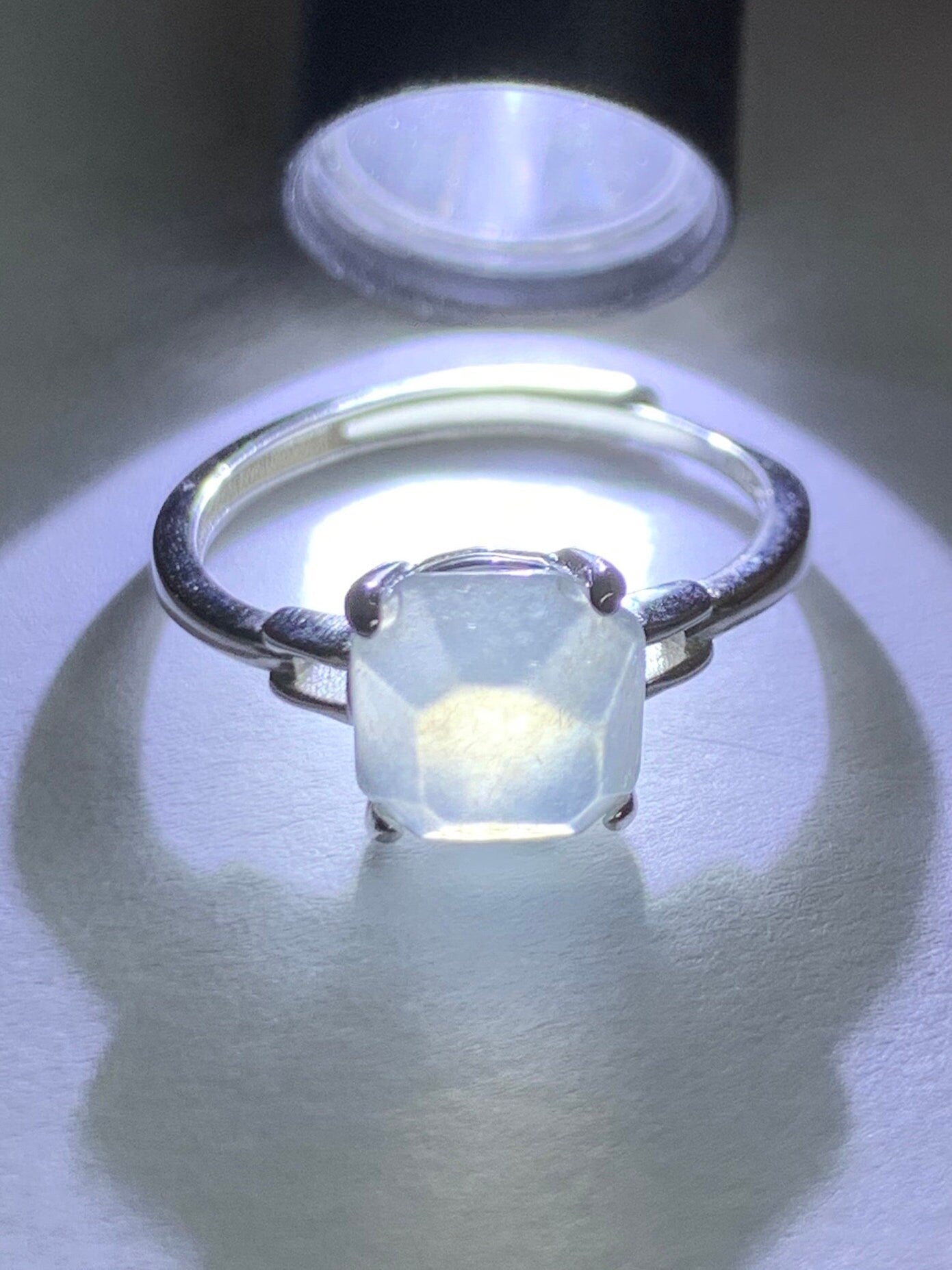 Stunning Natural Burmese Garde A Icy White Highly Translucent Faceted Jadeite Ring S925 Sterling Silver Adjustable 天然缅甸正白冰切割面翡翠银镶戒指 MBQ78