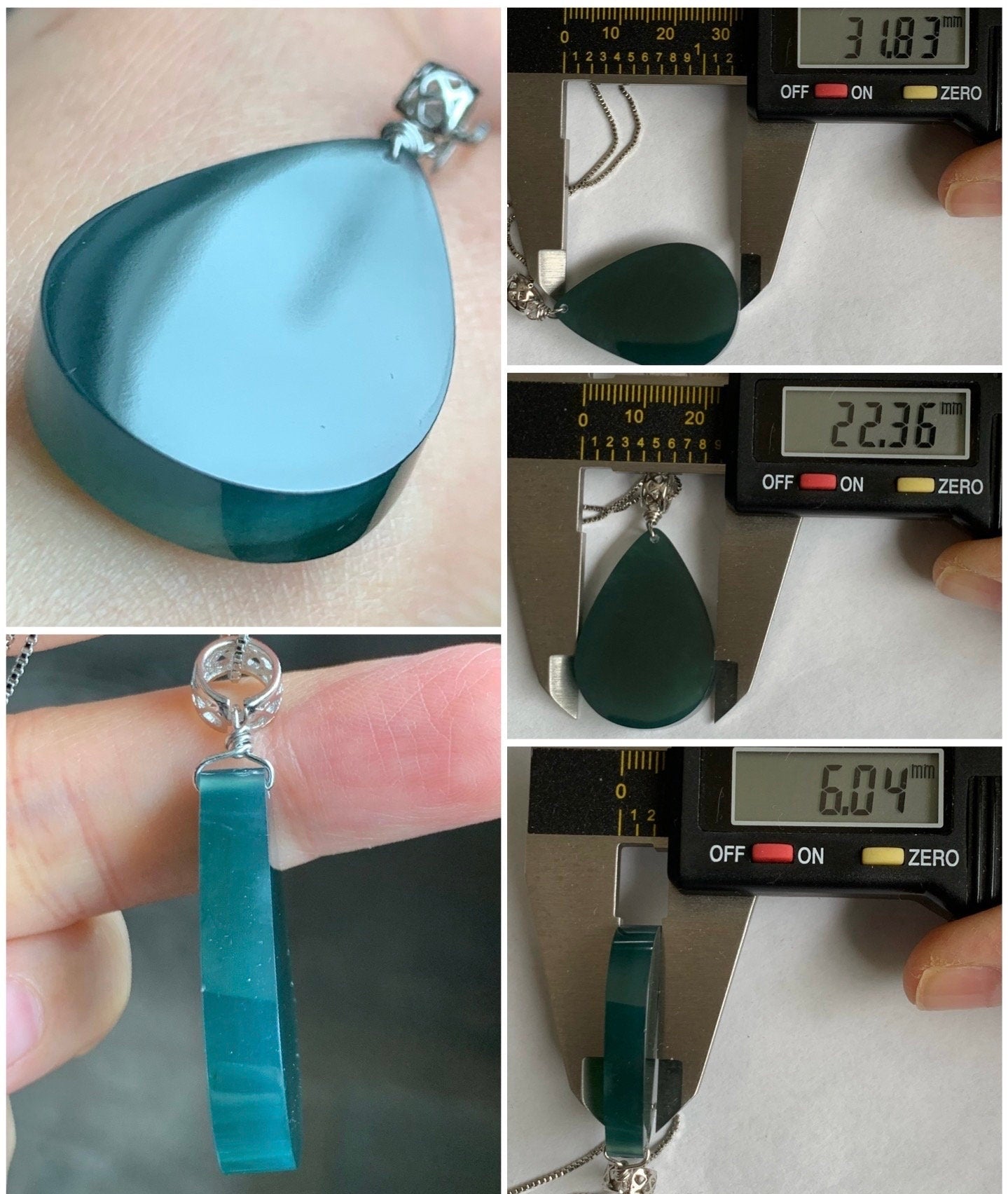 Natural Guatemalan Icy Translucent Gelatinous Intense Teal Blue Jadeite Teardrop Wu Shi Pai Pendant Sterling Silver Bail 19g 天然冰危湖水蓝翡翠素面水滴吊坠