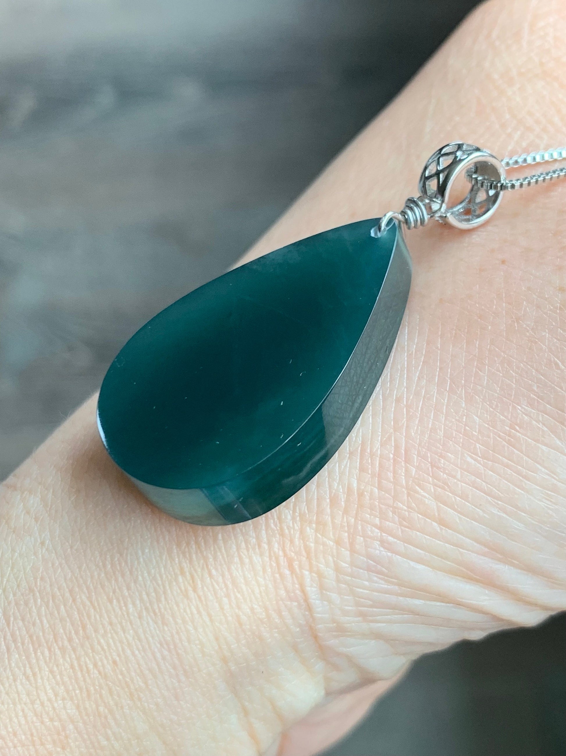 Natural Guatemalan Icy Translucent Gelatinous Intense Teal Blue Jadeite Teardrop Wu Shi Pai Pendant Sterling Silver Bail 19g 天然冰危湖水蓝翡翠素面水滴吊坠