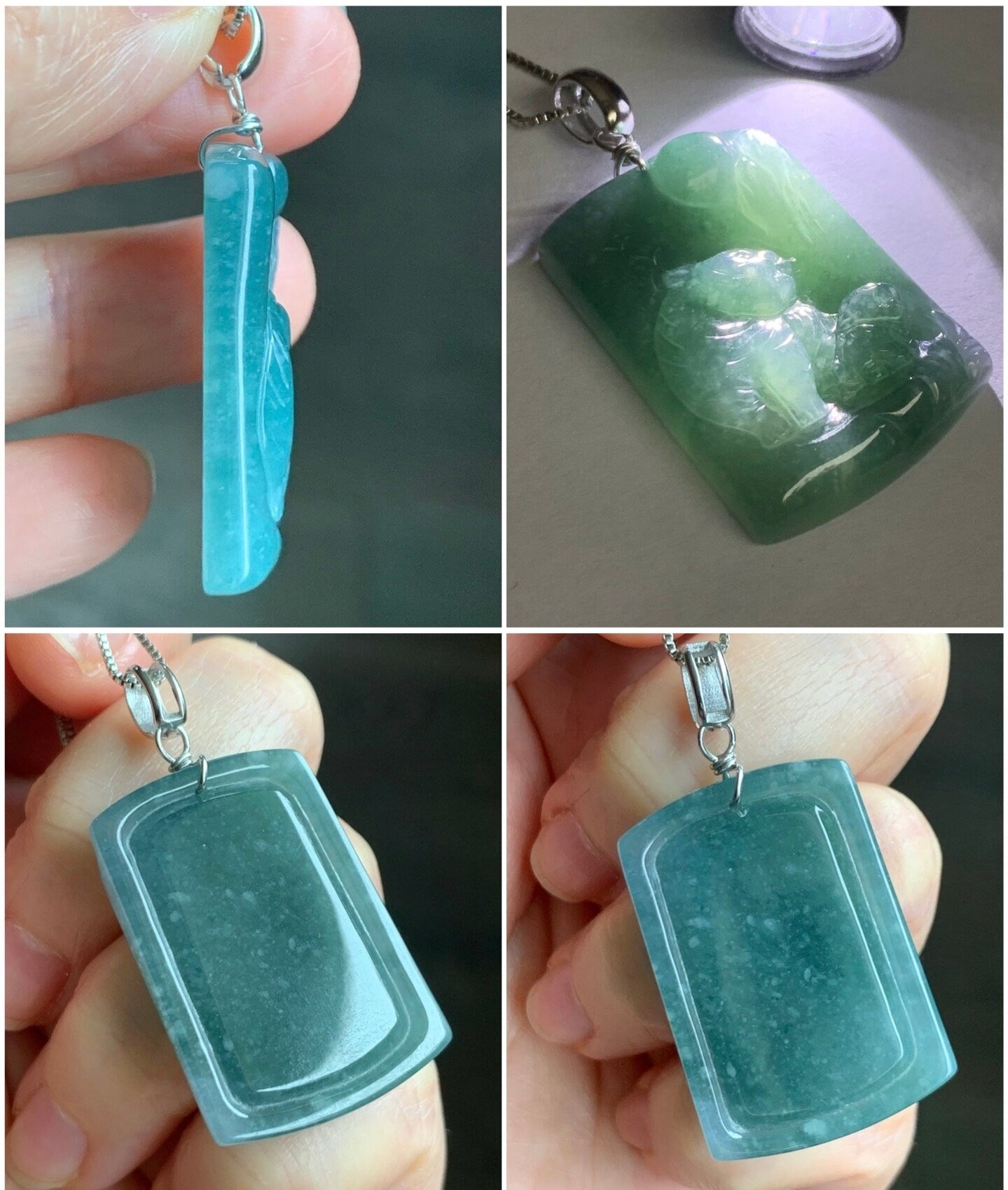 Natural Guatemalan Icy Translucent Dusty Teal Blue Jadeite Engraved Tiger & Tiger Cub Pendant Sterling Silver 12g 天然冰危蓝水翡翠虎牌吊坠