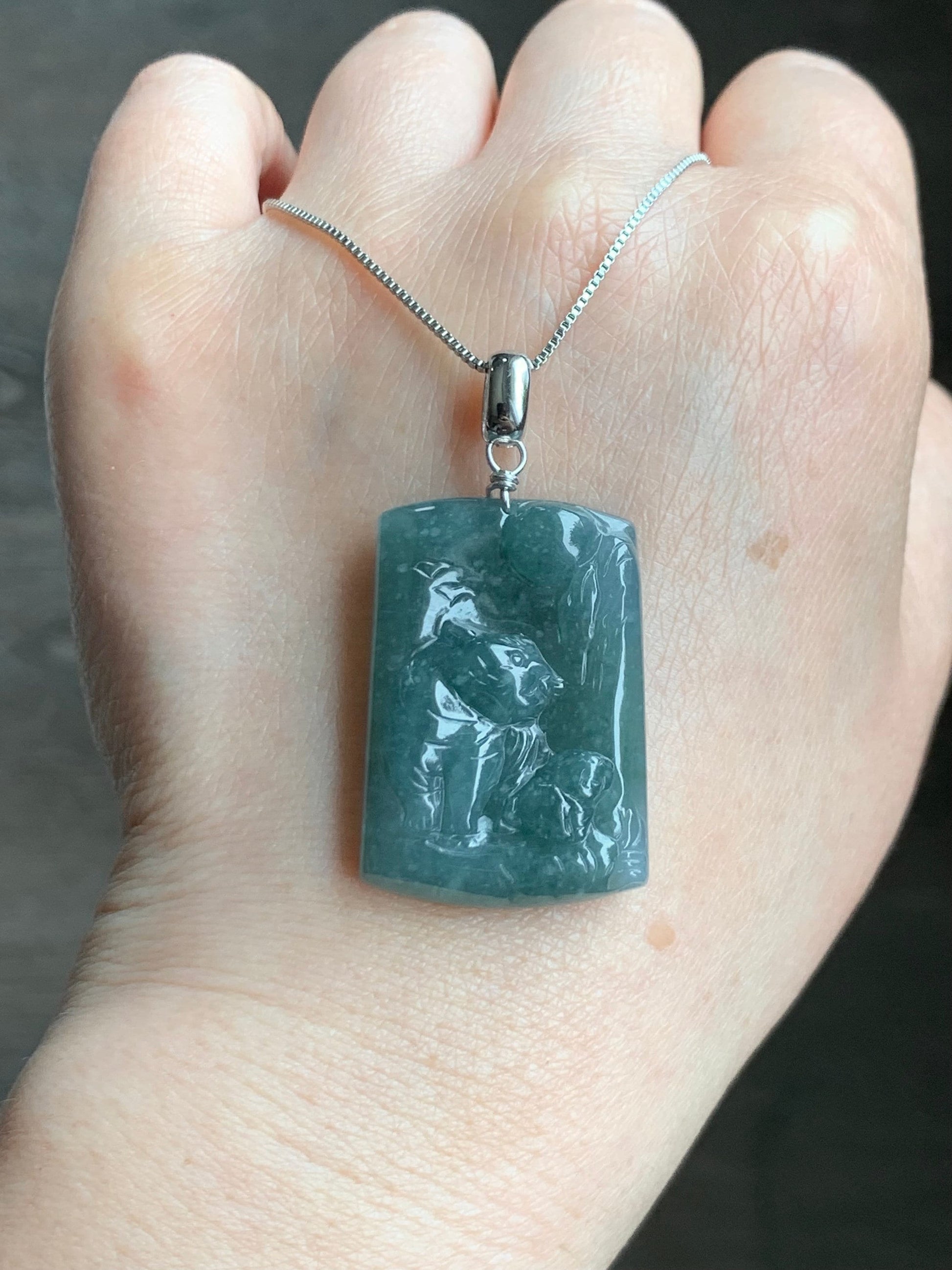 Natural Guatemalan Icy Translucent Dusty Teal Blue Jadeite Engraved Tiger & Tiger Cub Pendant Sterling Silver 12g 天然冰危蓝水翡翠虎牌吊坠