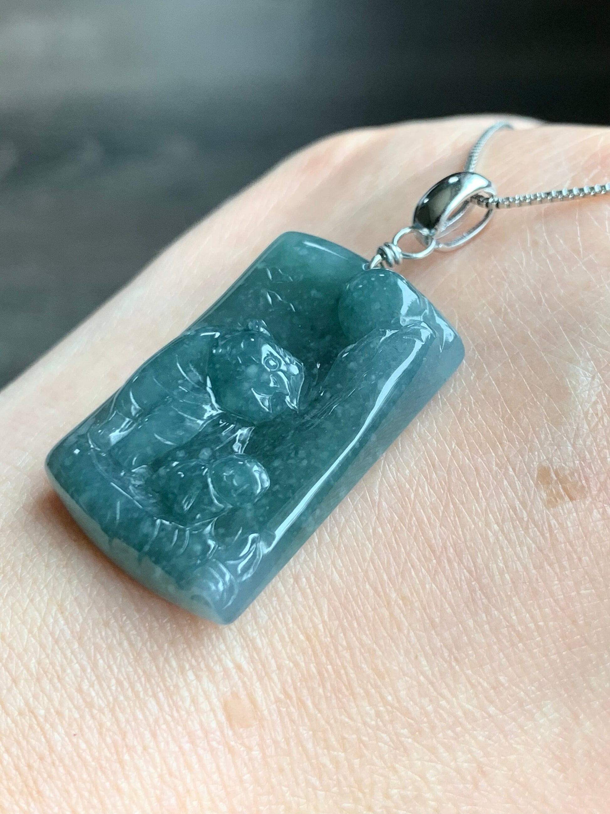 Natural Guatemalan Icy Translucent Dusty Teal Blue Jadeite Engraved Tiger & Tiger Cub Pendant Sterling Silver 12g 天然冰危蓝水翡翠虎牌吊坠