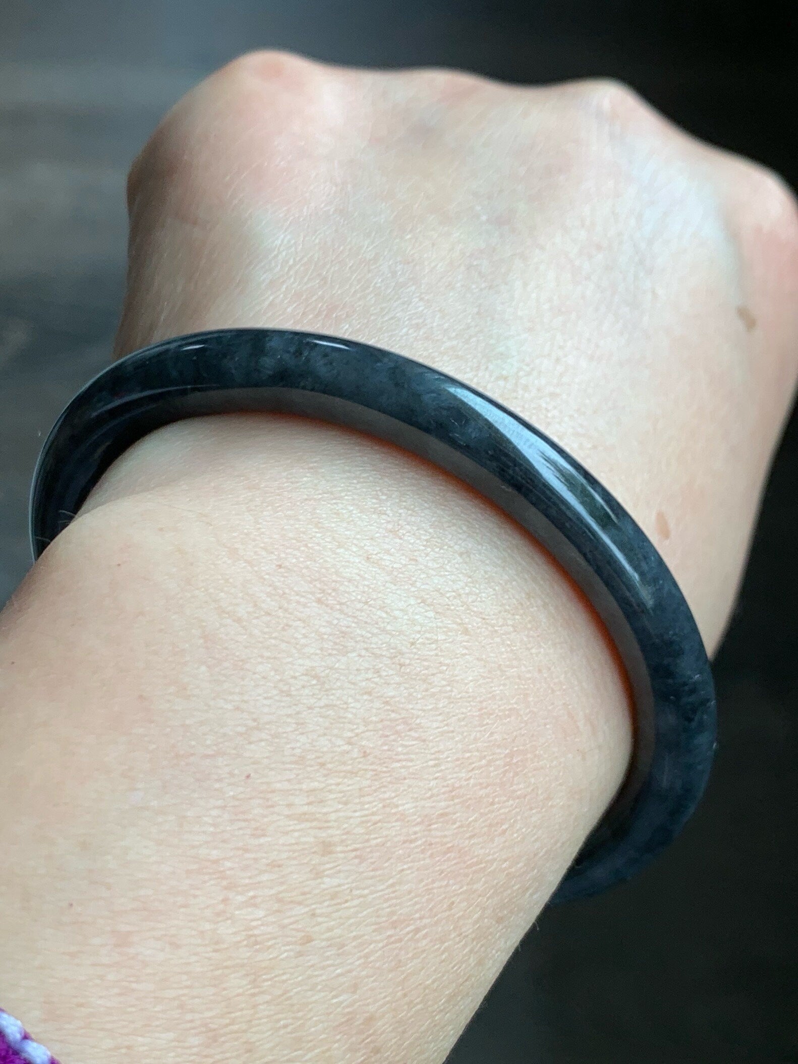 Certified Natural Burmese Icy Translucent Dark Wuji Jadeite Slim Bangle Bracelet 7.5x7.6mm 58mm 7" 30.58g 天然缅甸冰乌鸡翡翠圆条手镯 1490
