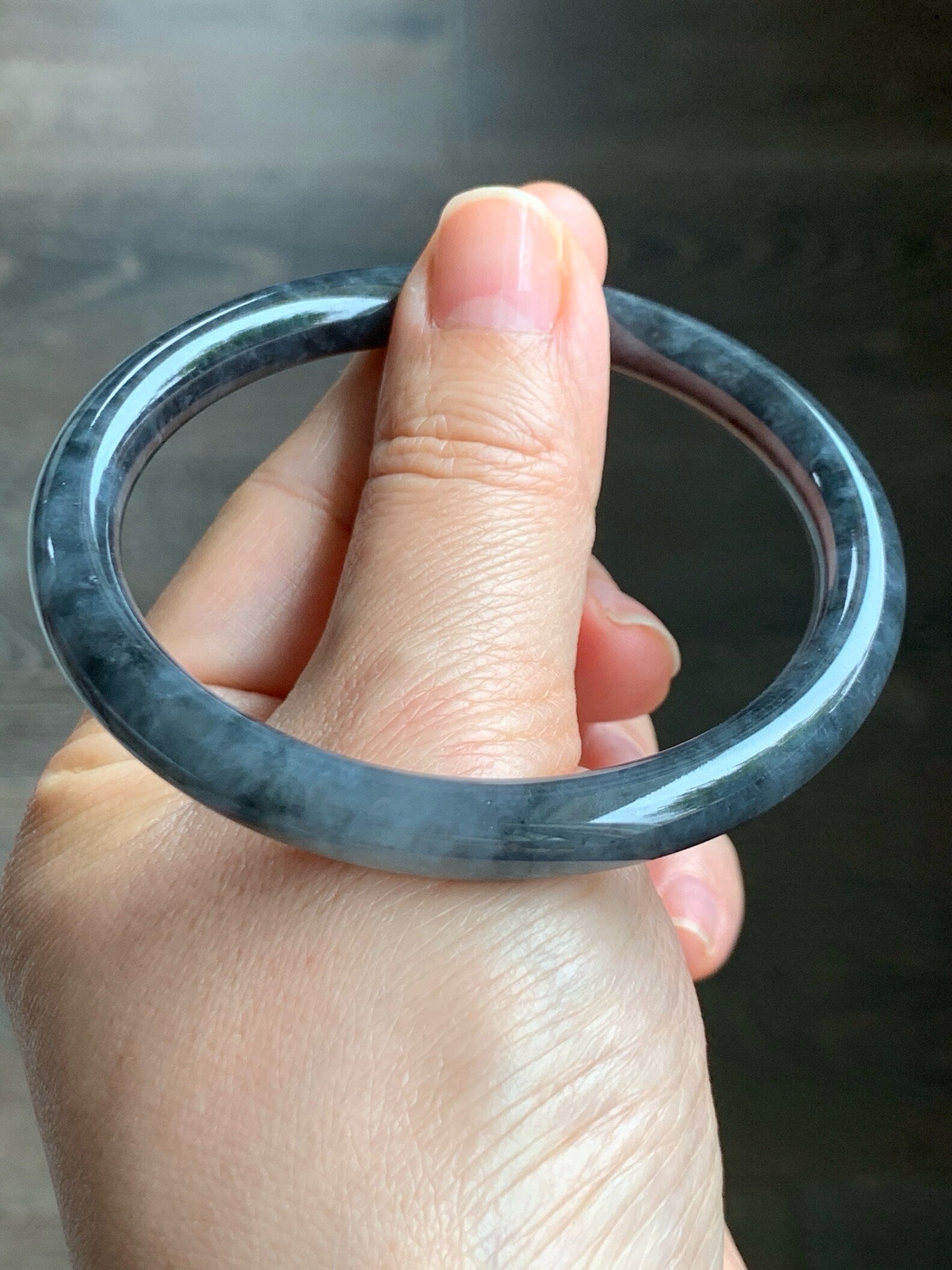 Certified Natural Burmese Icy Translucent Dark Wuji Jadeite Slim Bangle Bracelet 7.5x7.6mm 58mm 7" 30.58g 天然缅甸冰乌鸡翡翠圆条手镯 1490