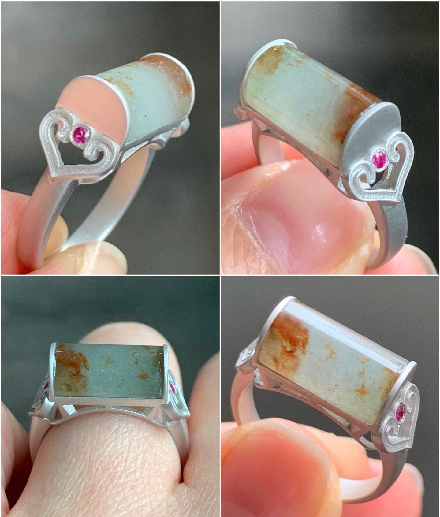 Certified Natural Burmese Light Green & Red Marbled Jadeite Saddle Ruby Ruyi Ring Sterling Silver Size 7.25 4.56g 天然缅甸冰晴飘红翡翠马鞍红宝石订制银镶戒指 7044