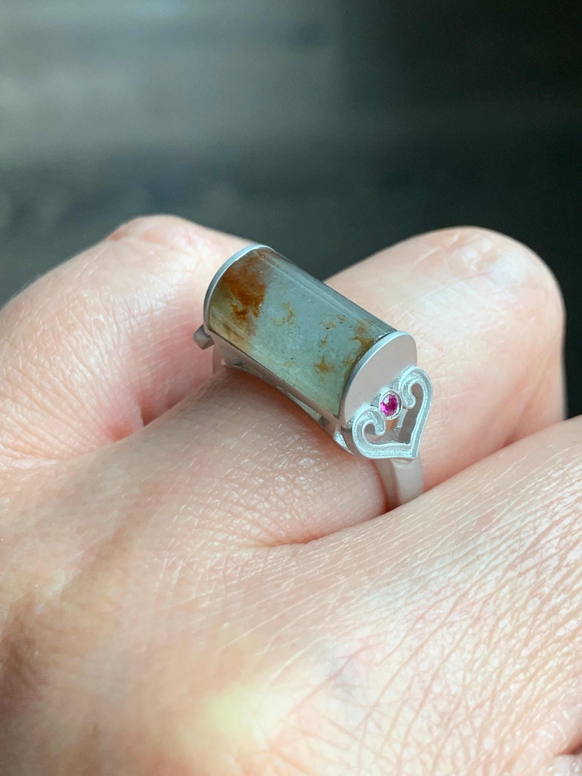 Certified Natural Burmese Light Green & Red Marbled Jadeite Saddle Ruby Ruyi Ring Sterling Silver Size 7.25 4.56g 天然缅甸冰晴飘红翡翠马鞍红宝石订制银镶戒指 7044