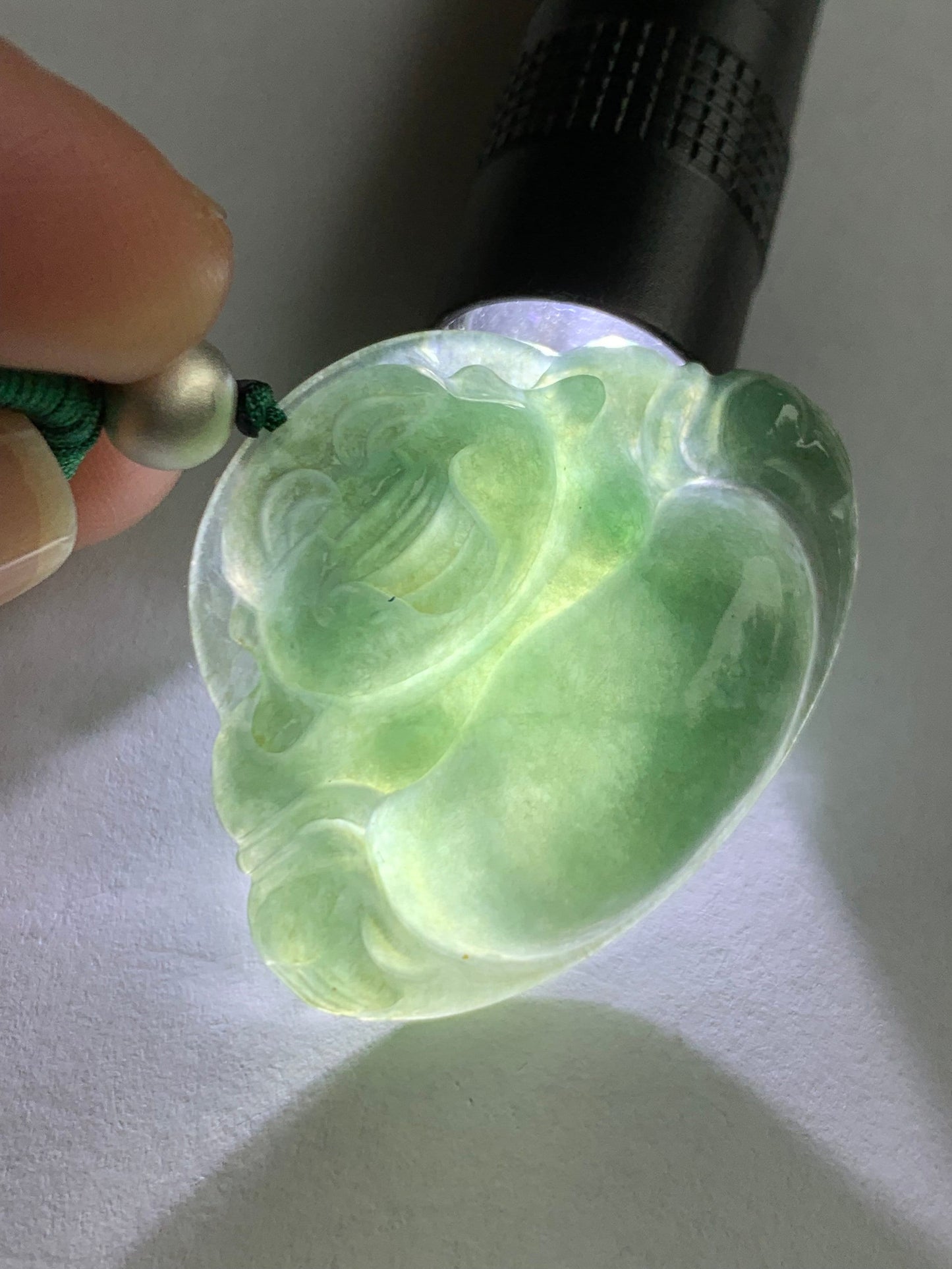 Natural Burmese Icy Translucent Gelatinous Dark "Tea" Green Jadeite Buddha Pendant Rope Necklace Sterling Silver 28” 天然缅甸老油青翡翠佛公吊坠 LYQ225D
