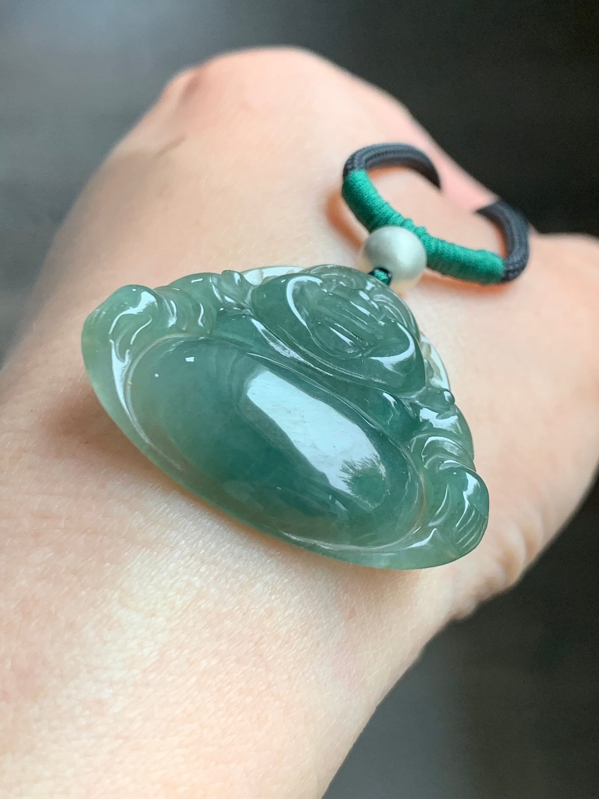 Natural Burmese Icy Translucent Gelatinous Dark "Tea" Green Jadeite Buddha Pendant Rope Necklace Sterling Silver 28” 天然缅甸老油青翡翠佛公吊坠 LYQ225D