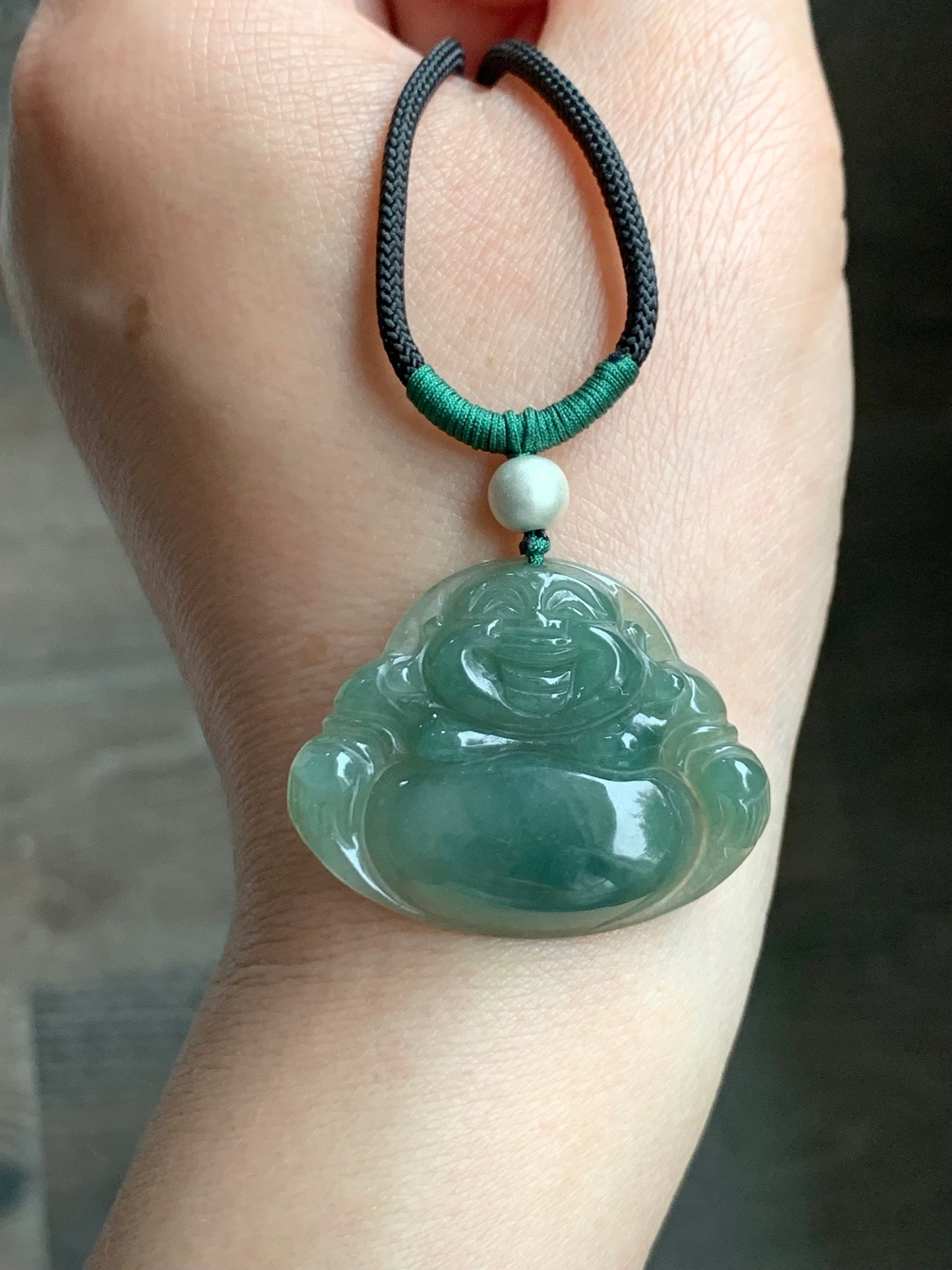 Natural Burmese Icy Translucent Gelatinous Dark "Tea" Green Jadeite Buddha Pendant Rope Necklace Sterling Silver 28” 天然缅甸老油青翡翠佛公吊坠 LYQ225D