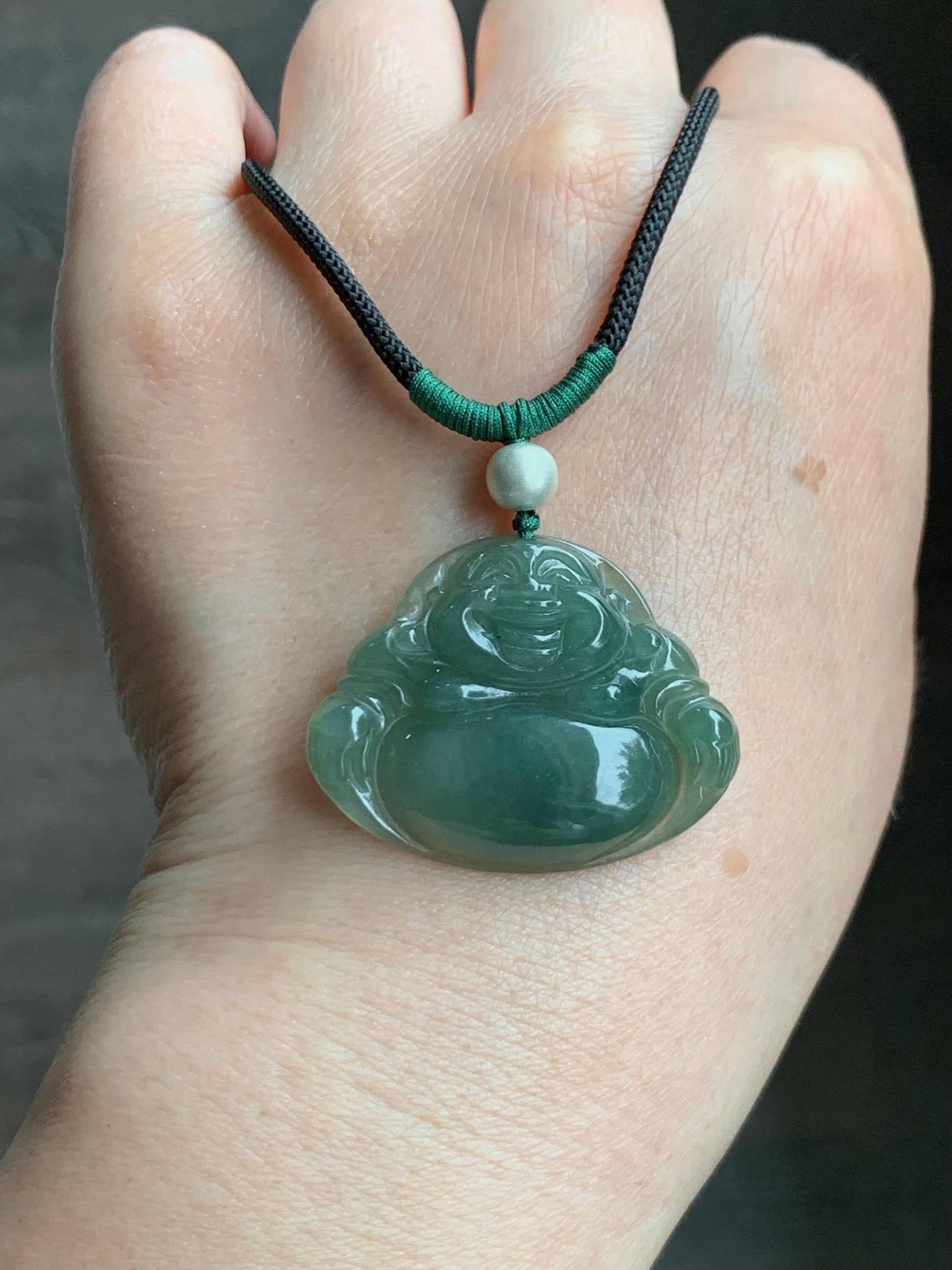 Natural Burmese Icy Translucent Gelatinous Dark "Tea" Green Jadeite Buddha Pendant Rope Necklace Sterling Silver 28” 天然缅甸老油青翡翠佛公吊坠 LYQ225D