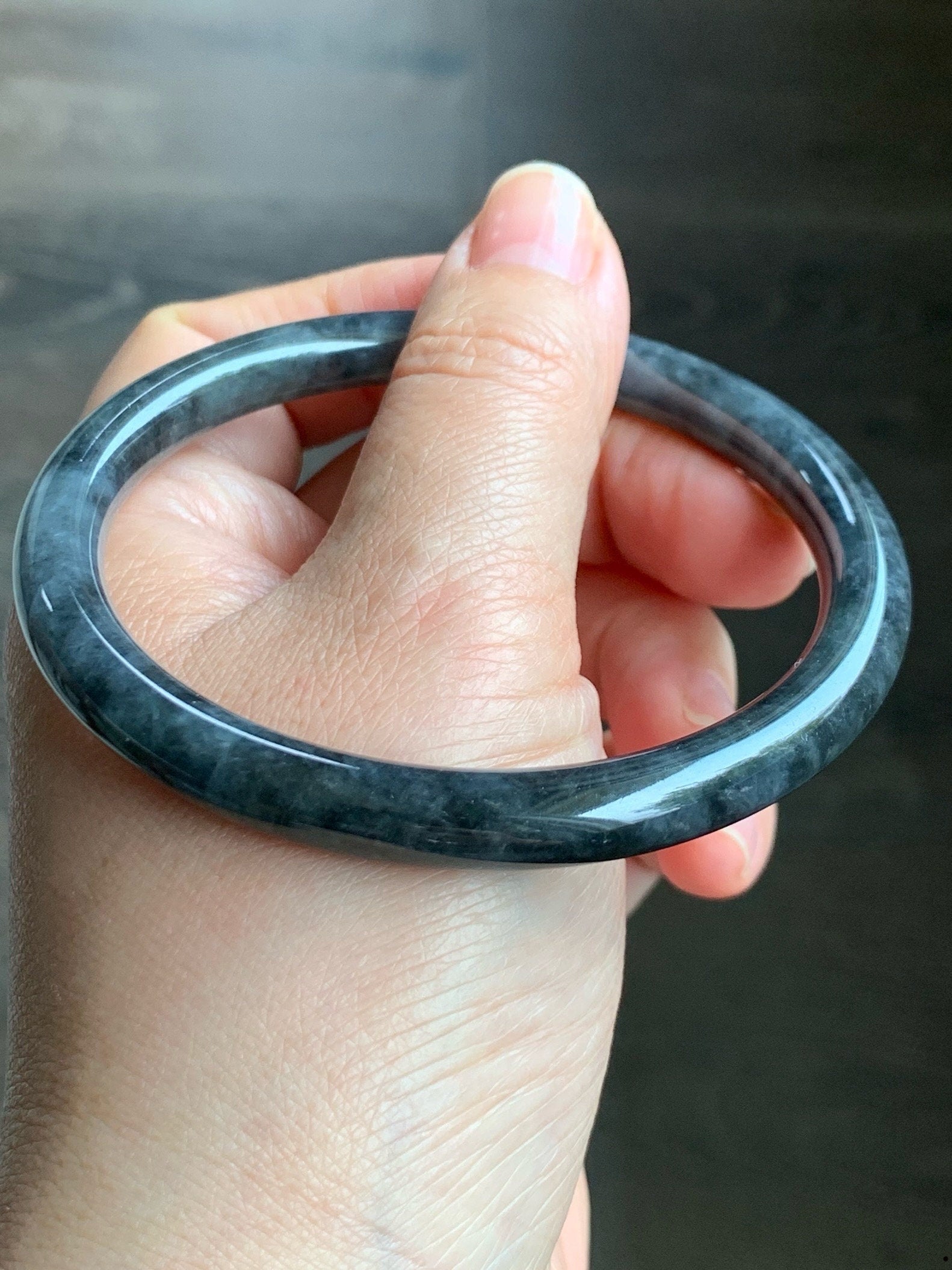 Certified Natural Burmese Icy Translucent Dark Wuji Jadeite Slim Bangle Bracelet 7.5x7.5mm 63mm 7.75” 34.10g 天然缅甸冰乌鸡翡翠圆条手镯 1491