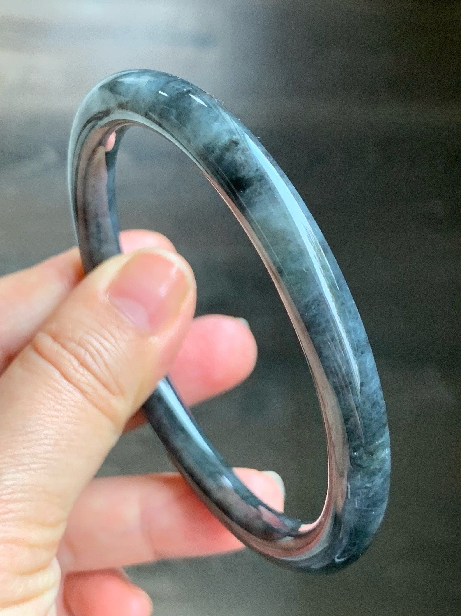 Certified Natural Burmese Icy Translucent Dark Wuji Jadeite Slim Bangle Bracelet 7.5x7.5mm 63mm 7.75” 34.10g 天然缅甸冰乌鸡翡翠圆条手镯 1491