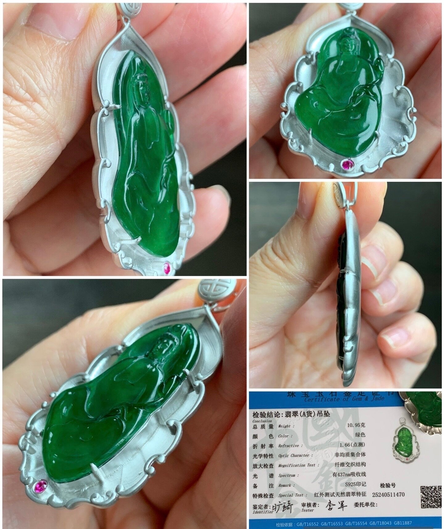Certified Natural Guatemalan Icy Highly Translucent Vibrant Green Jadeite Carved Guanyin Pendant Sterling Silver 10.95g 天然老种冰危绿翡翠观音镶嵌吊坠 1470