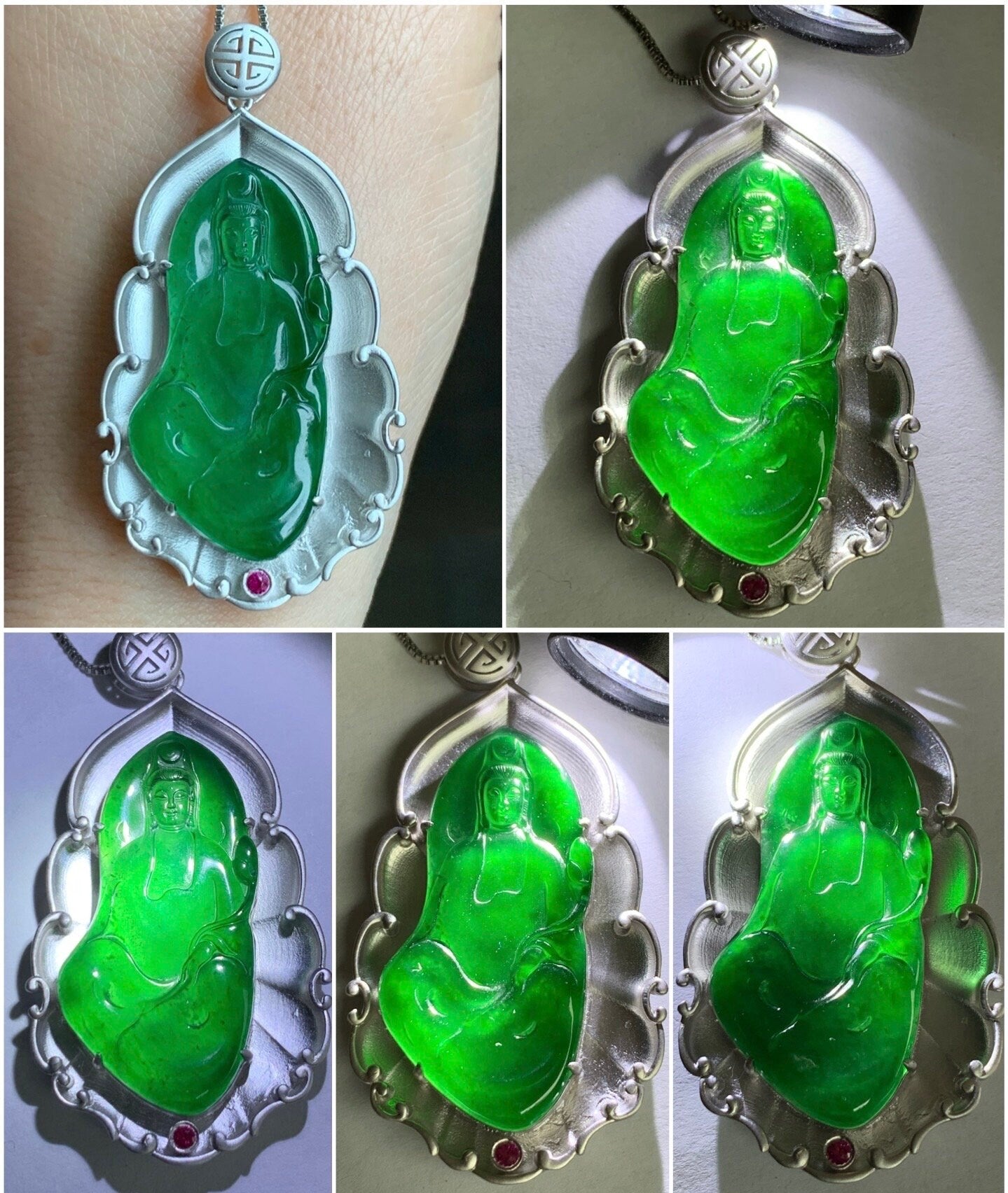 Certified Natural Guatemalan Icy Highly Translucent Vibrant Green Jadeite Carved Guanyin Pendant Sterling Silver 10.95g 天然老种冰危绿翡翠观音镶嵌吊坠 1470