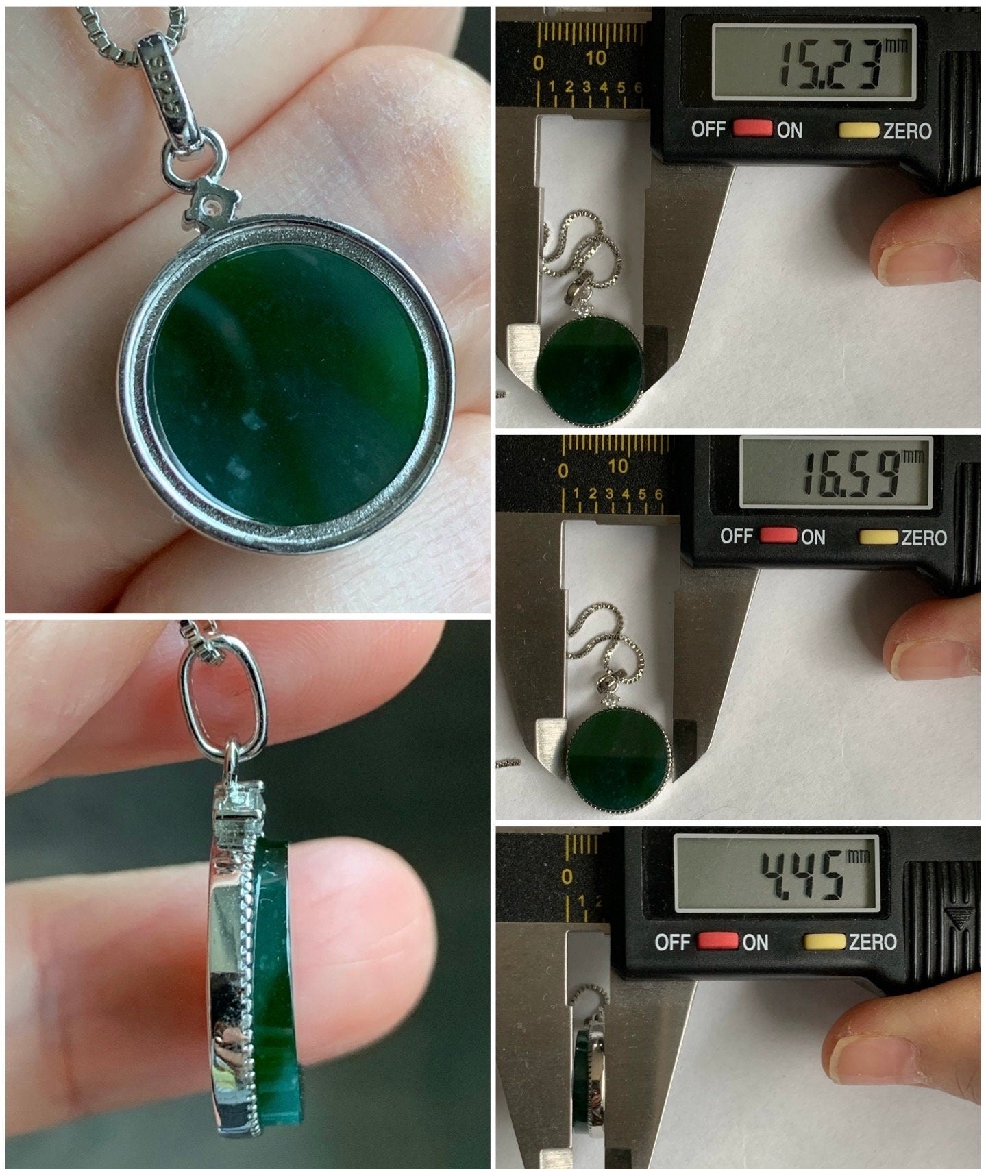 Natural Guatemalan Icy Translation Deep Teal Green Jadeite Round Wu Shi Pai Pendant Sterling Silver 天然冰危湖水绿飘雪花翡翠无事牌镶嵌吊坠