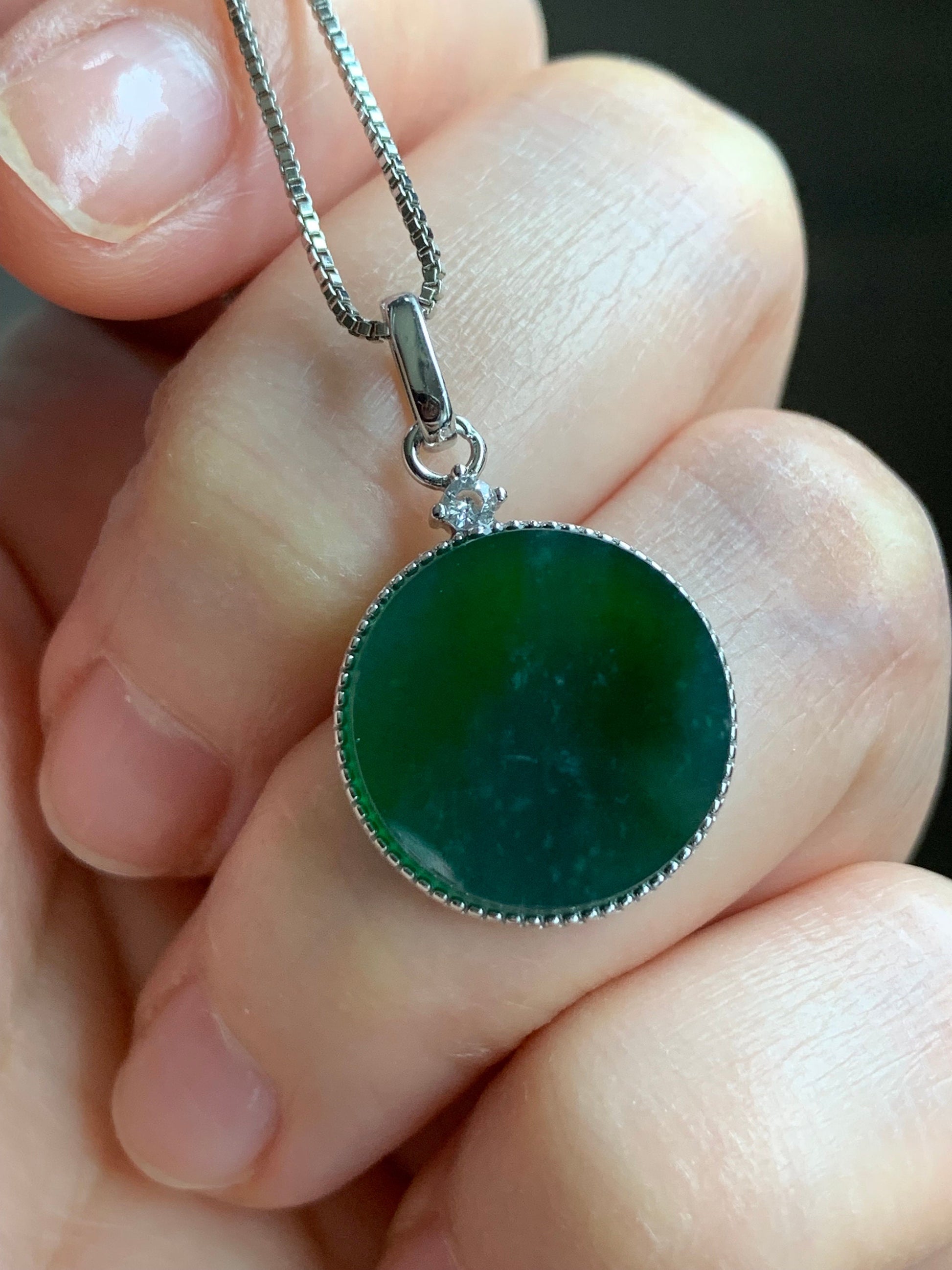 Natural Guatemalan Icy Translation Deep Teal Green Jadeite Round Wu Shi Pai Pendant Sterling Silver 天然冰危湖水绿飘雪花翡翠无事牌镶嵌吊坠