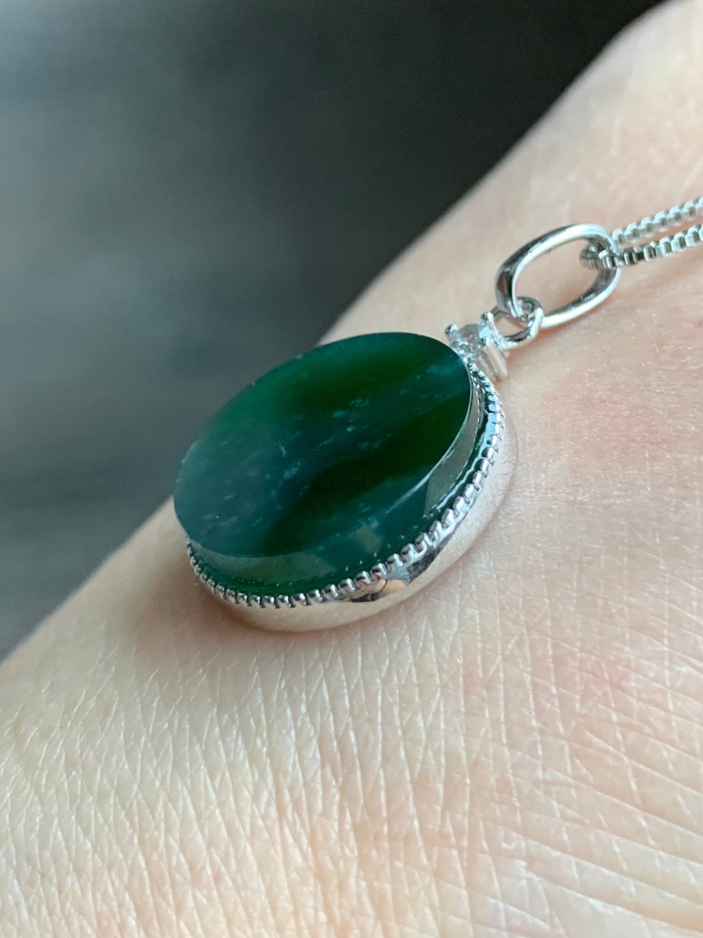 Natural Guatemalan Icy Translation Deep Teal Green Jadeite Round Wu Shi Pai Pendant Sterling Silver 天然冰危湖水绿飘雪花翡翠无事牌镶嵌吊坠