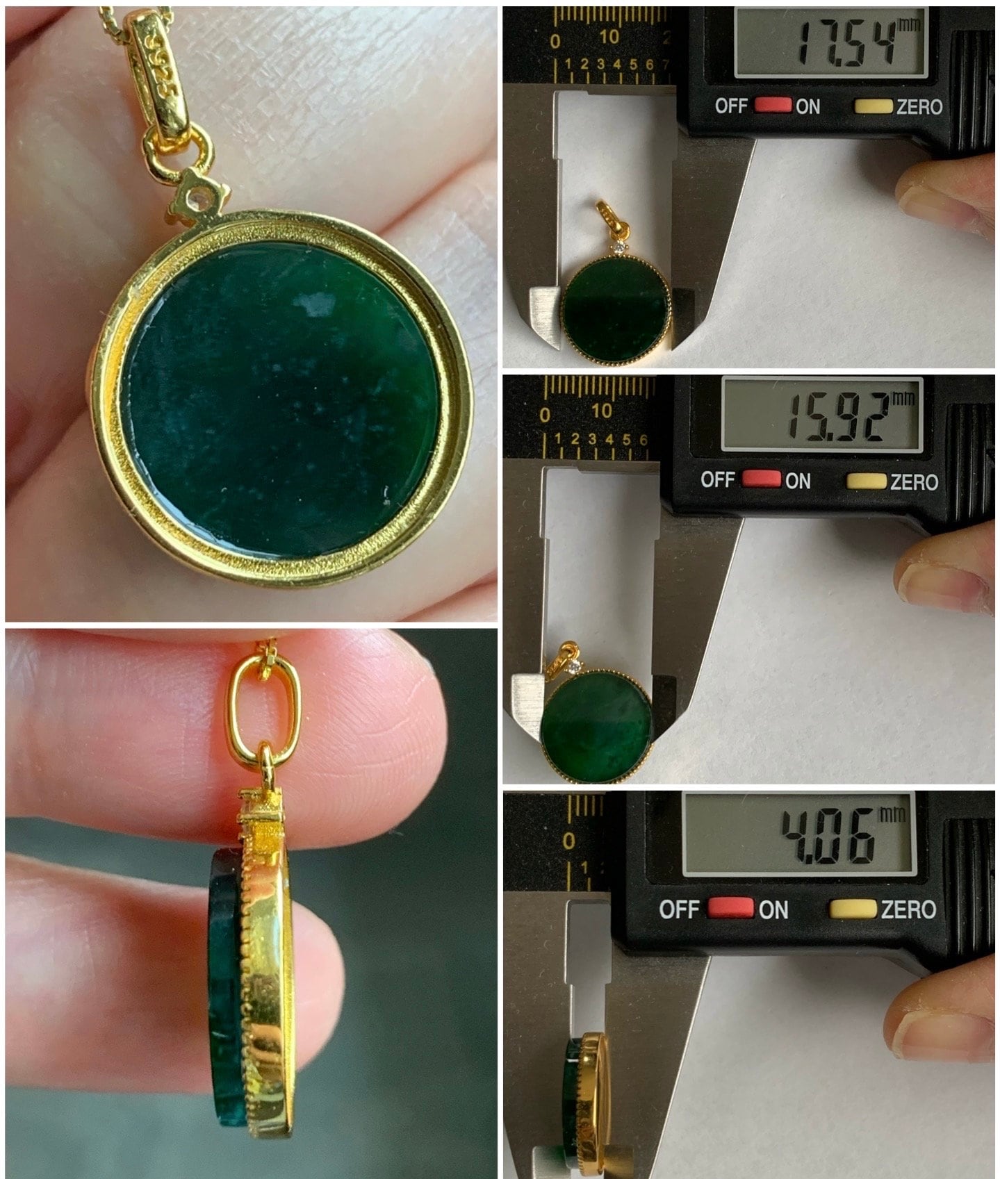 Natural Guatemalan Icy Translation Deep Teal Green Jadeite Round Wu Shi Pai Pendant Sterling Silver Yellow Gold Finish 天然冰危湖水绿飘雪花翡翠无事牌镶嵌吊坠 A