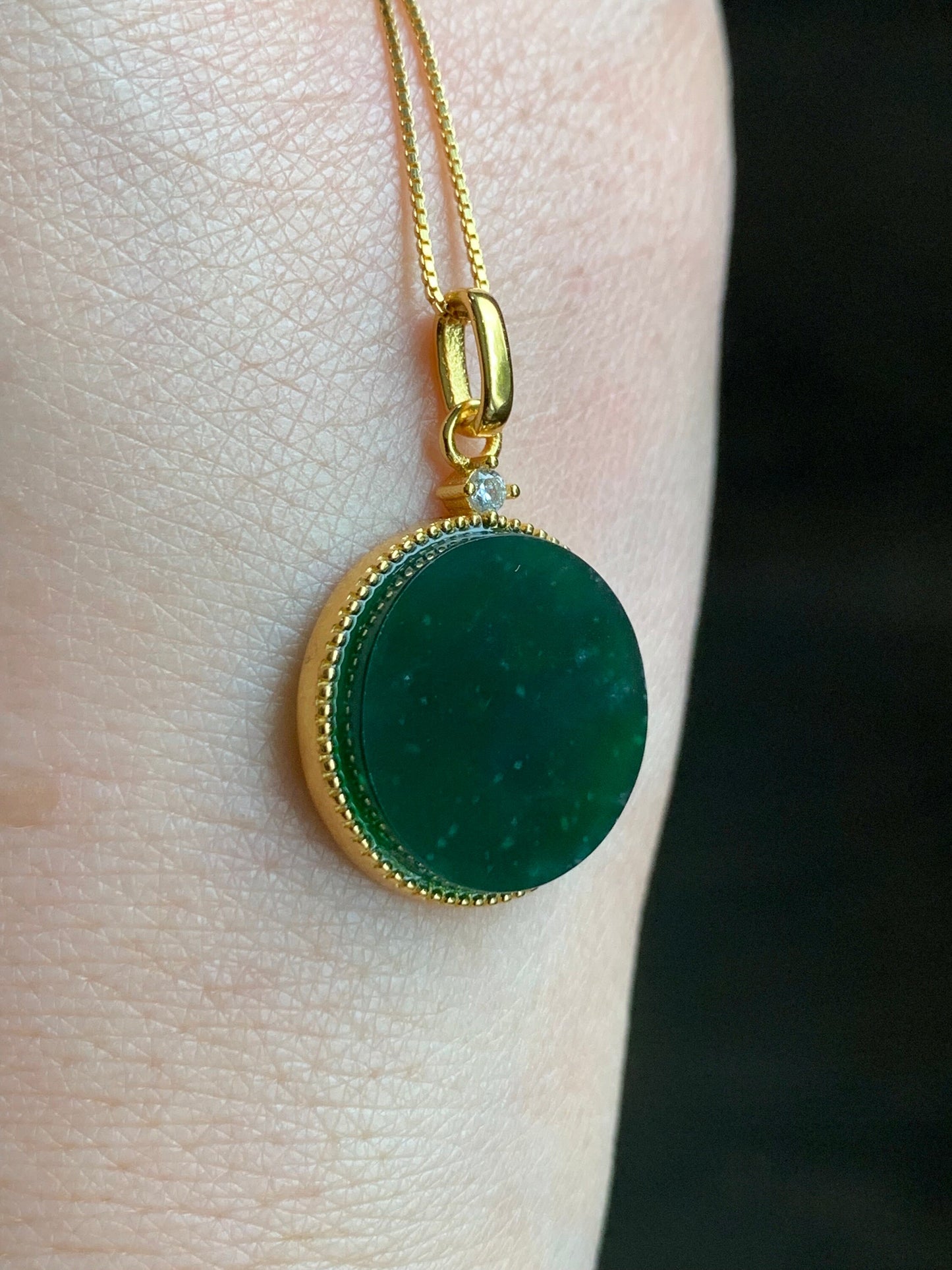 Natural Guatemalan Icy Translation Deep Teal Green Jadeite Round Wu Shi Pai Pendant Sterling Silver Yellow Gold Finish 天然冰危湖水绿飘雪花翡翠无事牌镶嵌吊坠 A