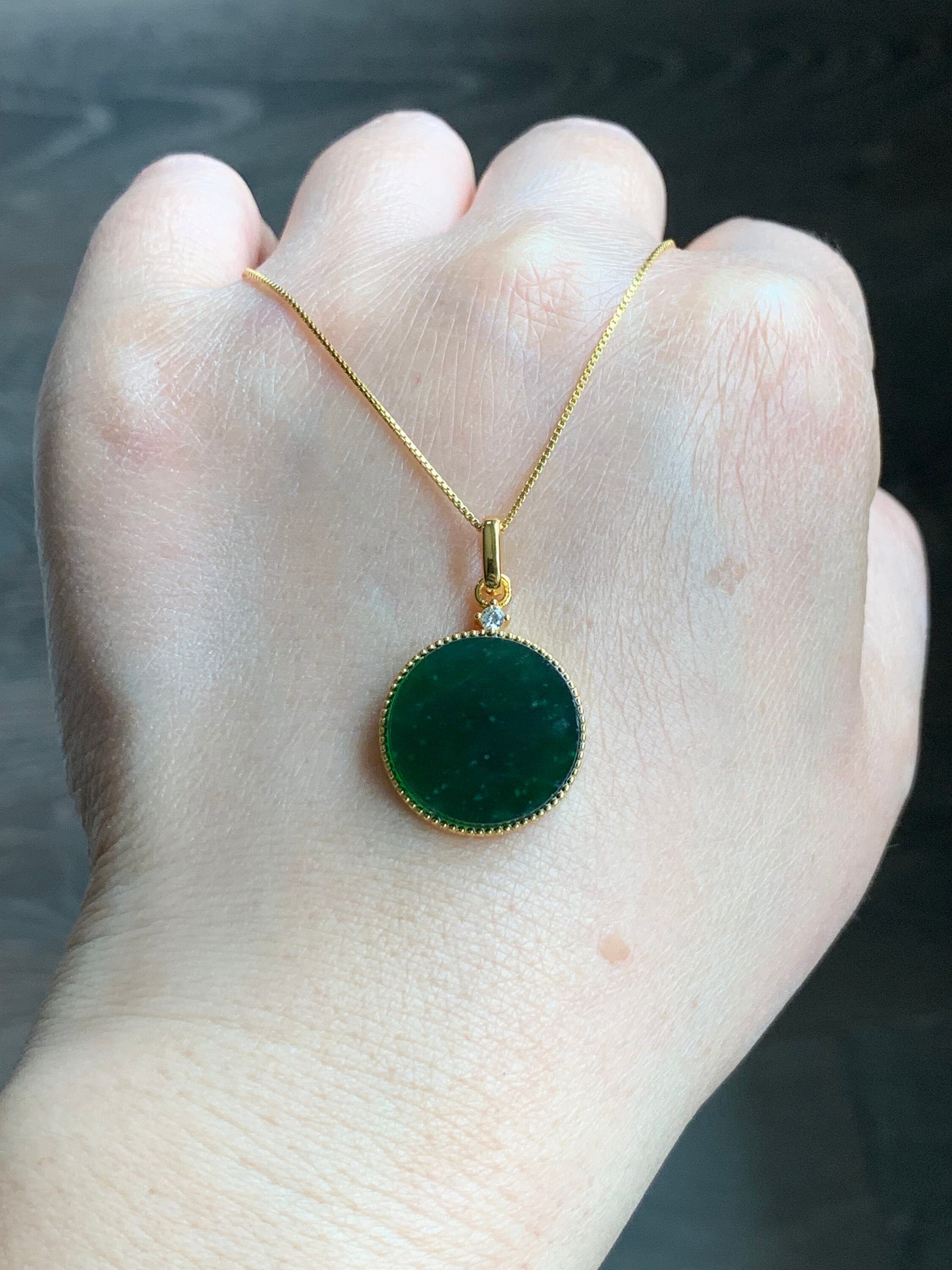 Natural Guatemalan Icy Translation Deep Teal Green Jadeite Round Wu Shi Pai Pendant Sterling Silver Yellow Gold Finish 天然冰危湖水绿飘雪花翡翠无事牌镶嵌吊坠 A
