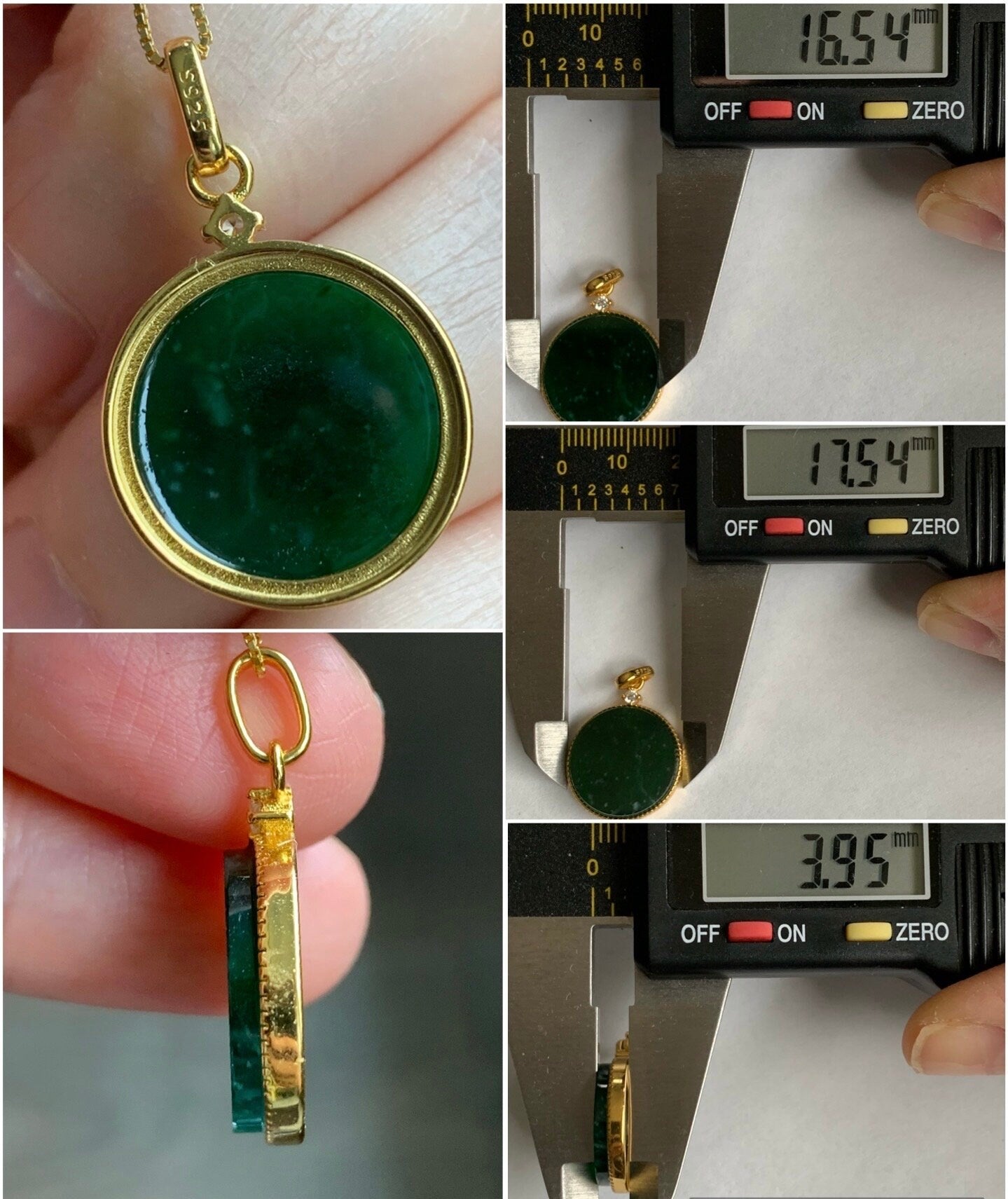 Natural Guatemalan Icy Translation Deep Teal Green Jadeite Round Wu Shi Pai Pendant Sterling Silver Yellow Gold Finish 天然冰危湖水绿飘雪花翡翠无事牌镶嵌吊坠 B