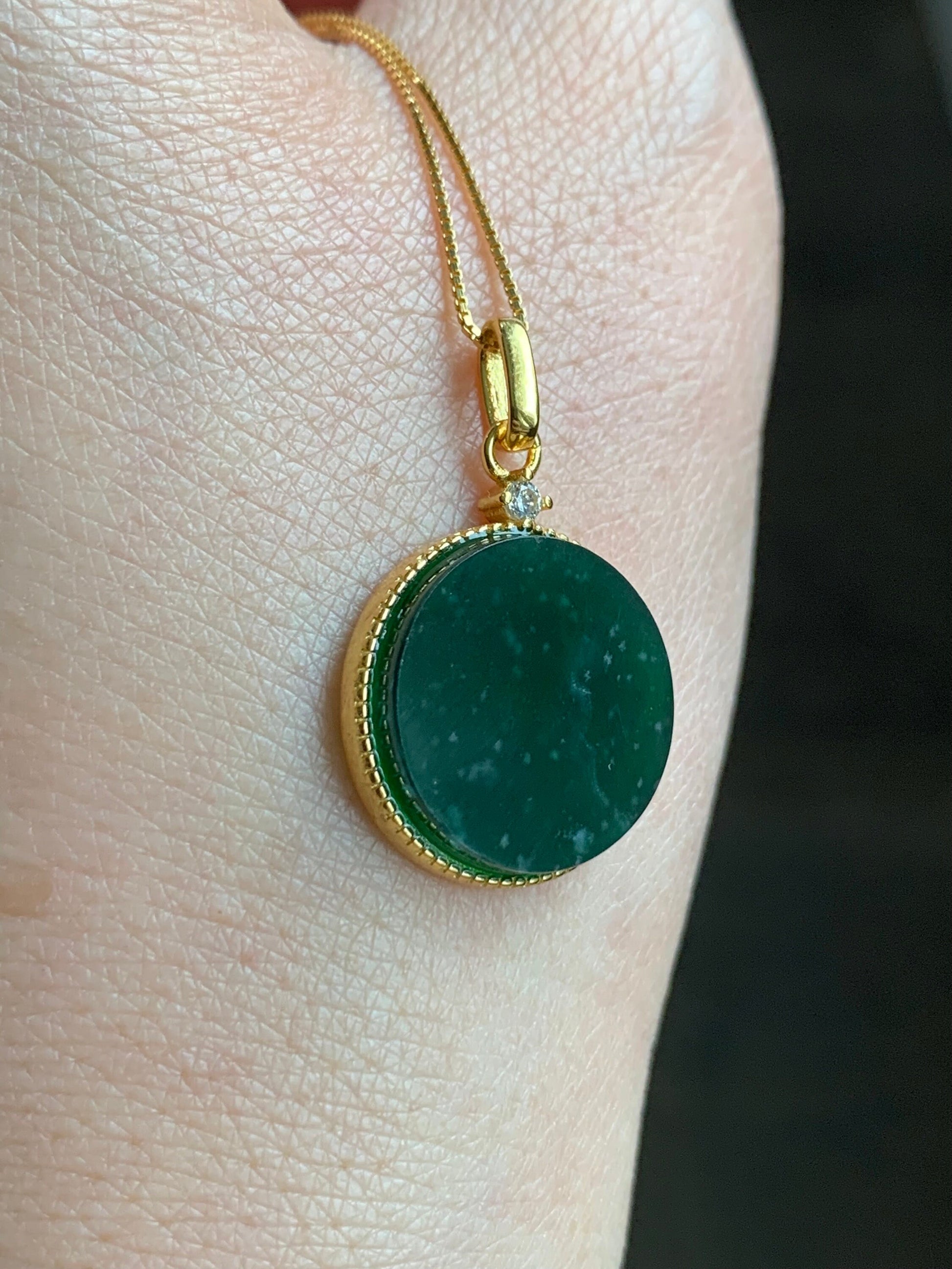 Natural Guatemalan Icy Translation Deep Teal Green Jadeite Round Wu Shi Pai Pendant Sterling Silver Yellow Gold Finish 天然冰危湖水绿飘雪花翡翠无事牌镶嵌吊坠 B