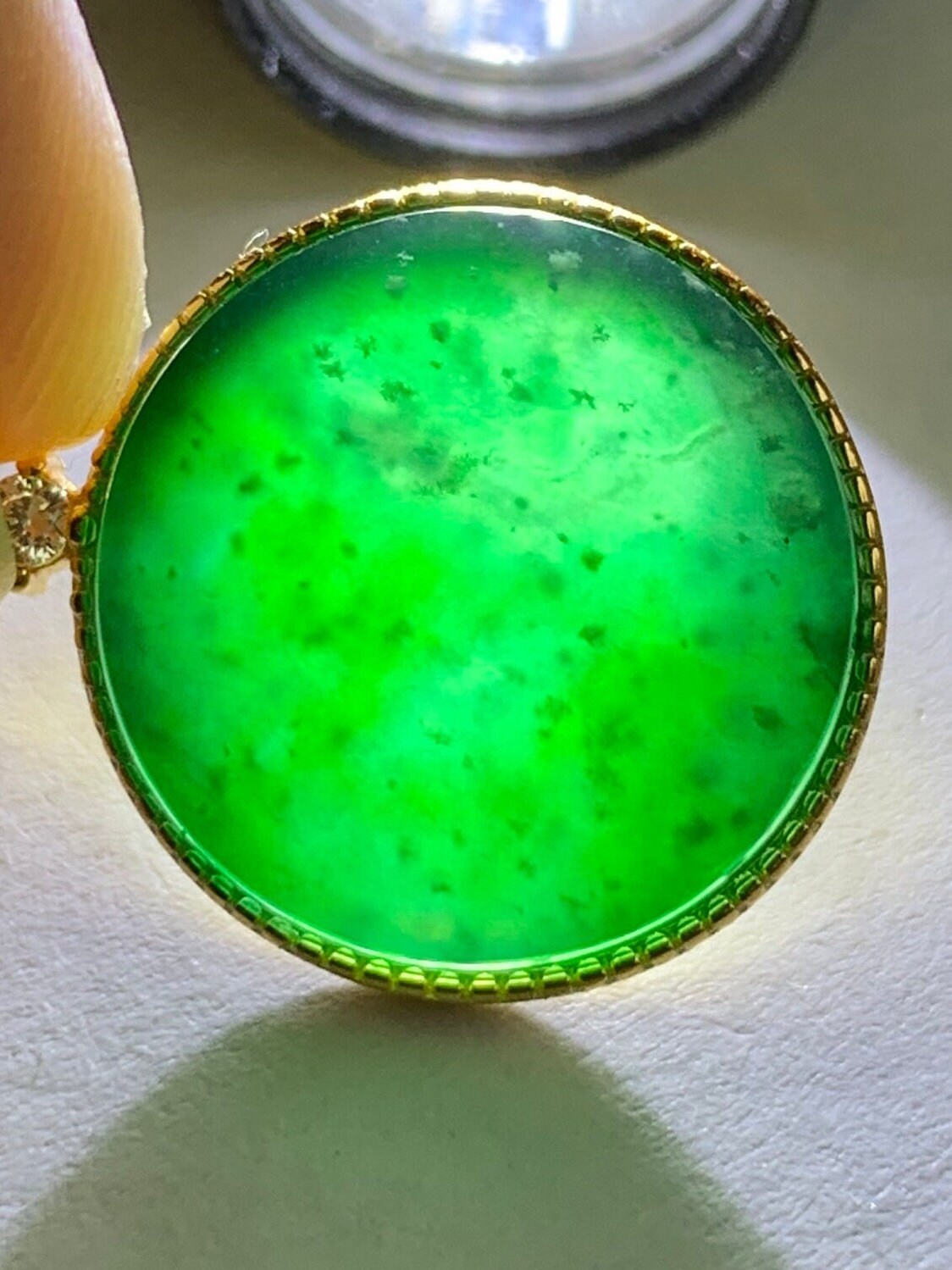 Natural Guatemalan Icy Translation Deep Teal Green Jadeite Round Wu Shi Pai Pendant Sterling Silver Yellow Gold Finish 天然冰危湖水绿飘雪花翡翠无事牌镶嵌吊坠 B