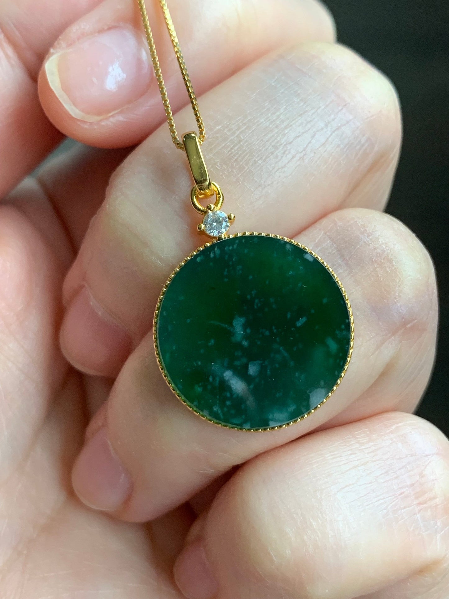 Natural Guatemalan Icy Translation Deep Teal Green Jadeite Round Wu Shi Pai Pendant Sterling Silver Yellow Gold Finish 天然冰危湖水绿飘雪花翡翠无事牌镶嵌吊坠 C