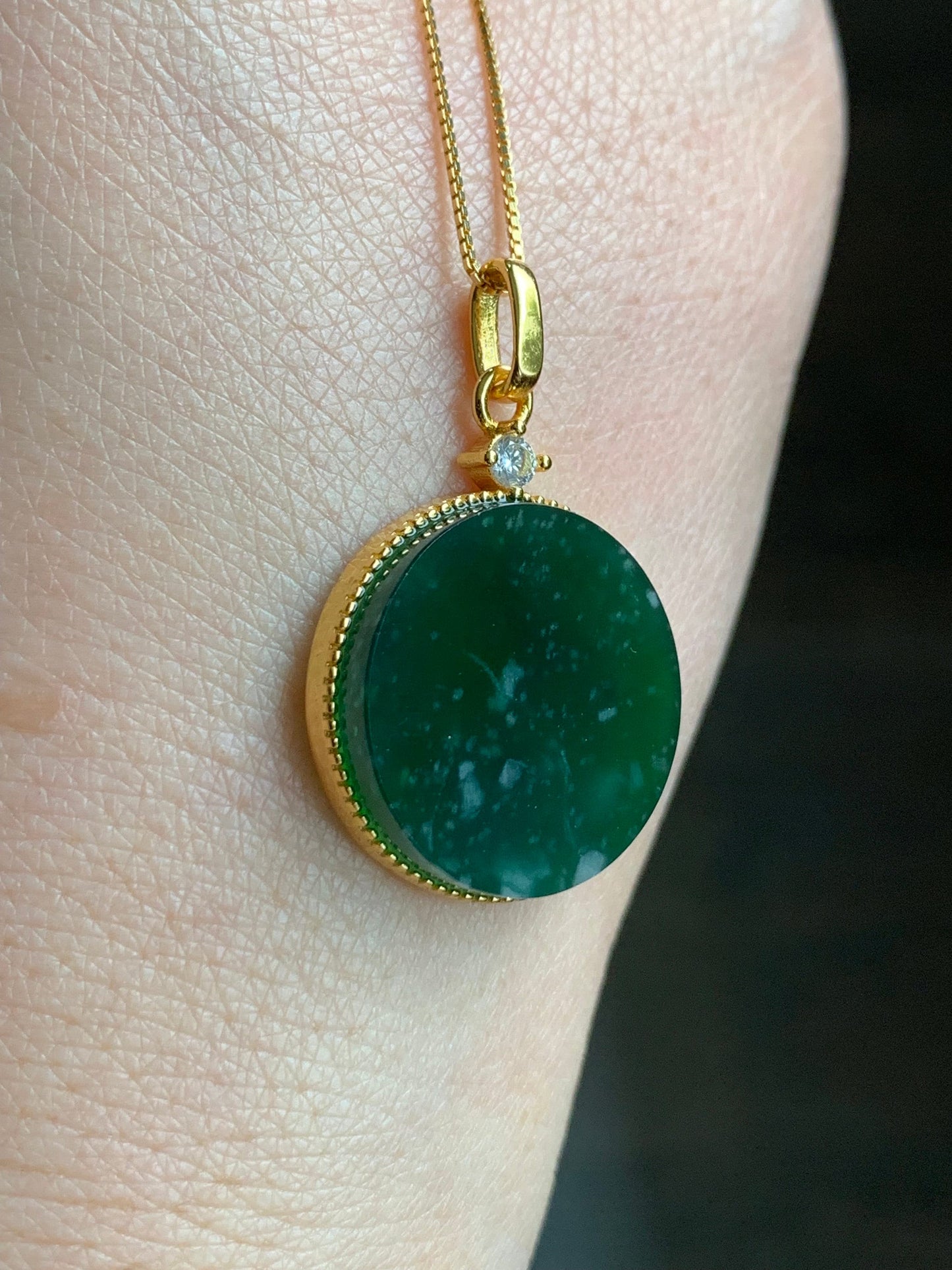 Natural Guatemalan Icy Translation Deep Teal Green Jadeite Round Wu Shi Pai Pendant Sterling Silver Yellow Gold Finish 天然冰危湖水绿飘雪花翡翠无事牌镶嵌吊坠 C