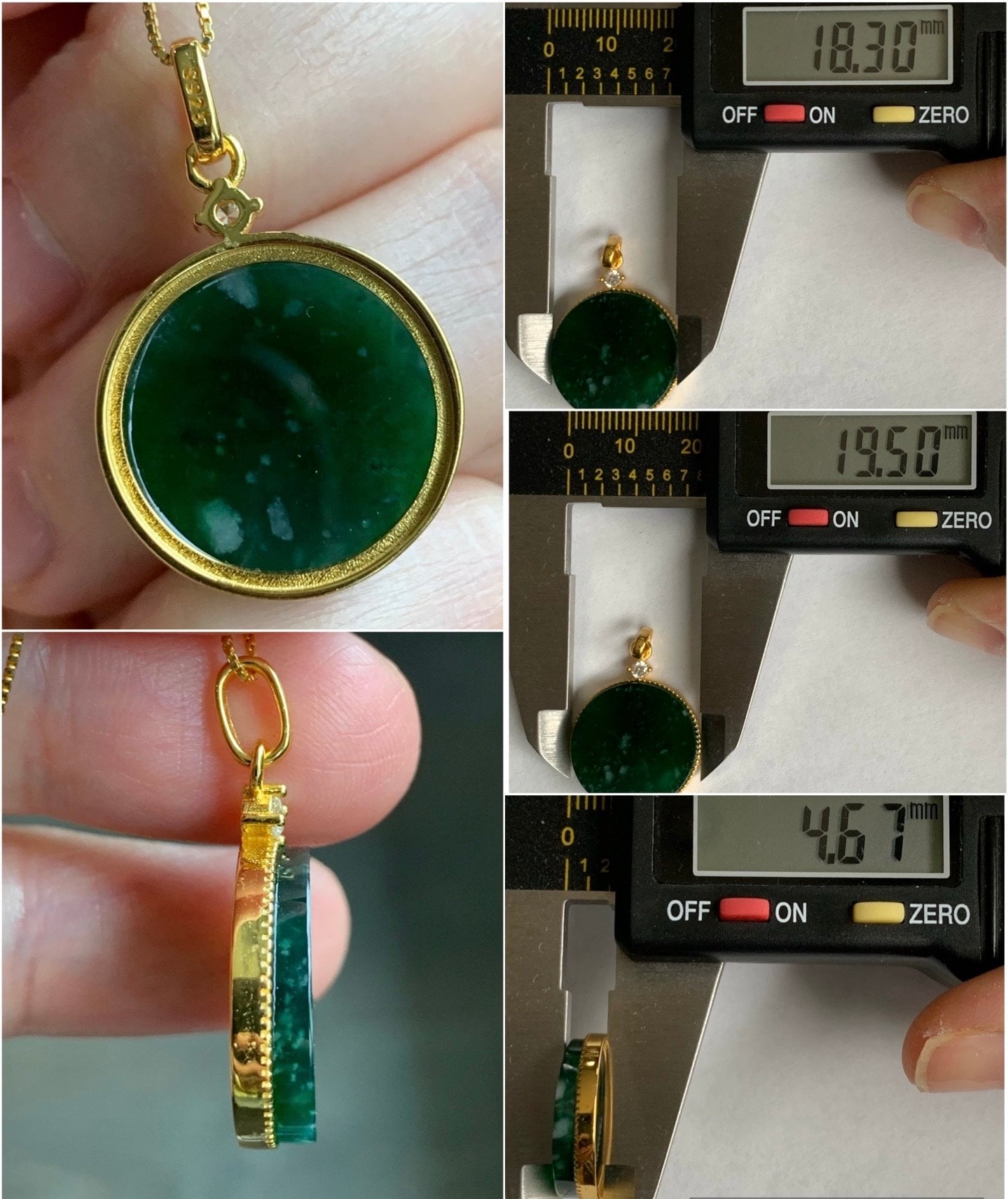 Natural Guatemalan Icy Translation Deep Teal Green Jadeite Round Wu Shi Pai Pendant Sterling Silver Yellow Gold Finish 天然冰危湖水绿飘雪花翡翠无事牌镶嵌吊坠 C