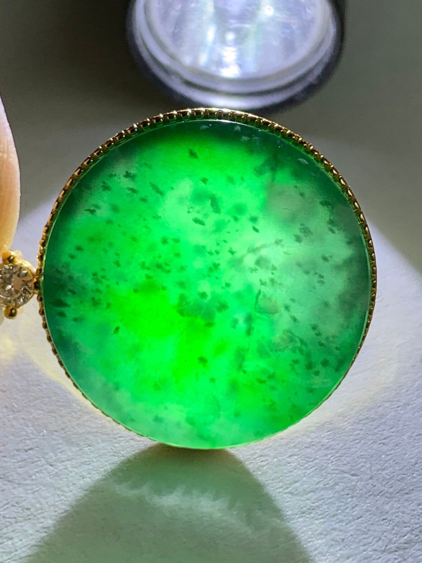 Natural Guatemalan Icy Translation Deep Teal Green Jadeite Round Wu Shi Pai Pendant Sterling Silver Yellow Gold Finish 天然冰危湖水绿飘雪花翡翠无事牌镶嵌吊坠 C